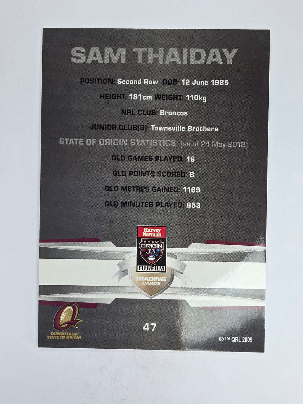 NRL 2012 Limited Edition Base Card #47 Sam Thaiday State of Origin QLD