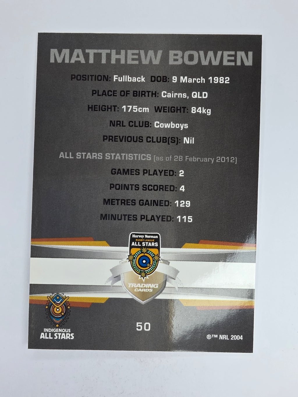 NRL 2012 Limited Edition Base Card #50 Matthew Bowen All Stars Indigenous