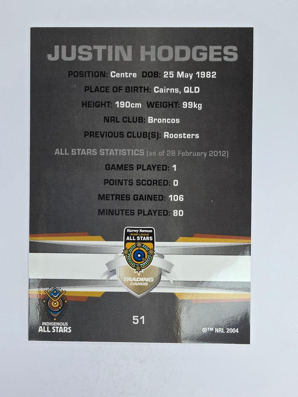 NRL 2012 Limited Edition Base Card #51 Justin Hodges All Stars Indigenous