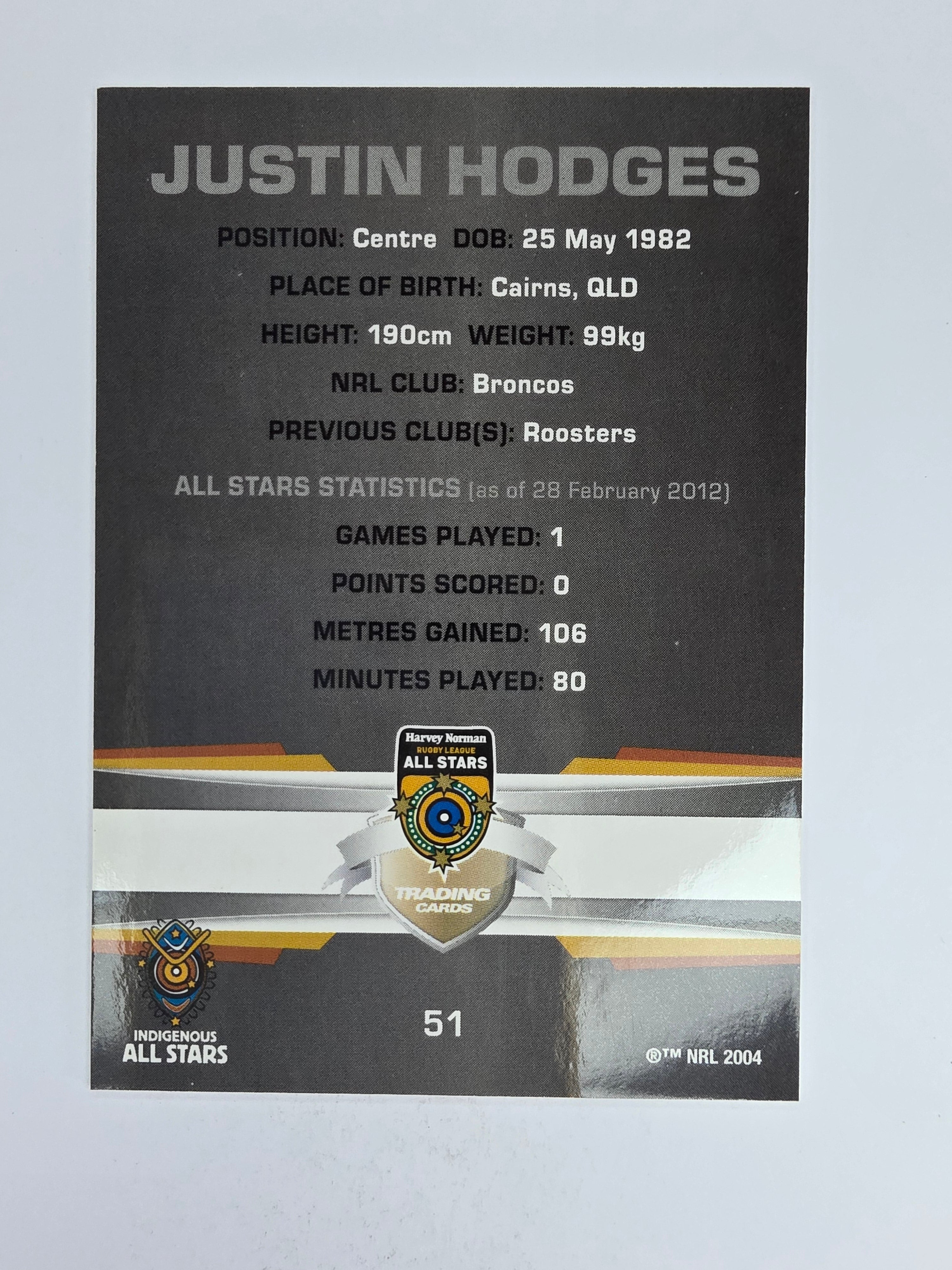 NRL 2012 Limited Edition Base Card #51 Justin Hodges All Stars Indigenous