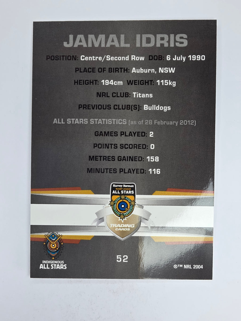 NRL 2012 Limited Edition Base Card #52 Jamal Idris All Stars Indigenous