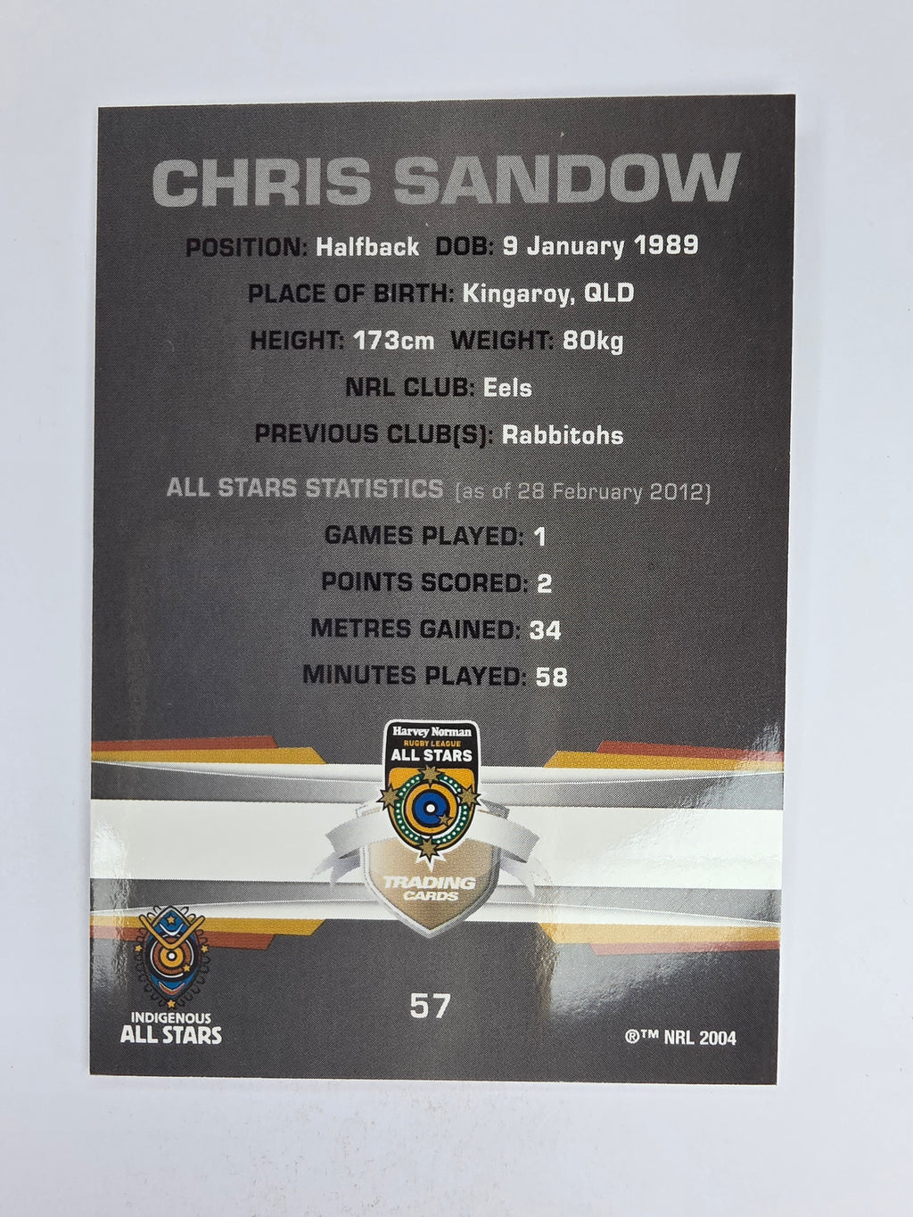 NRL 2012 Limited Edition Base Card #57 Chris Sandow All Stars Indigenous