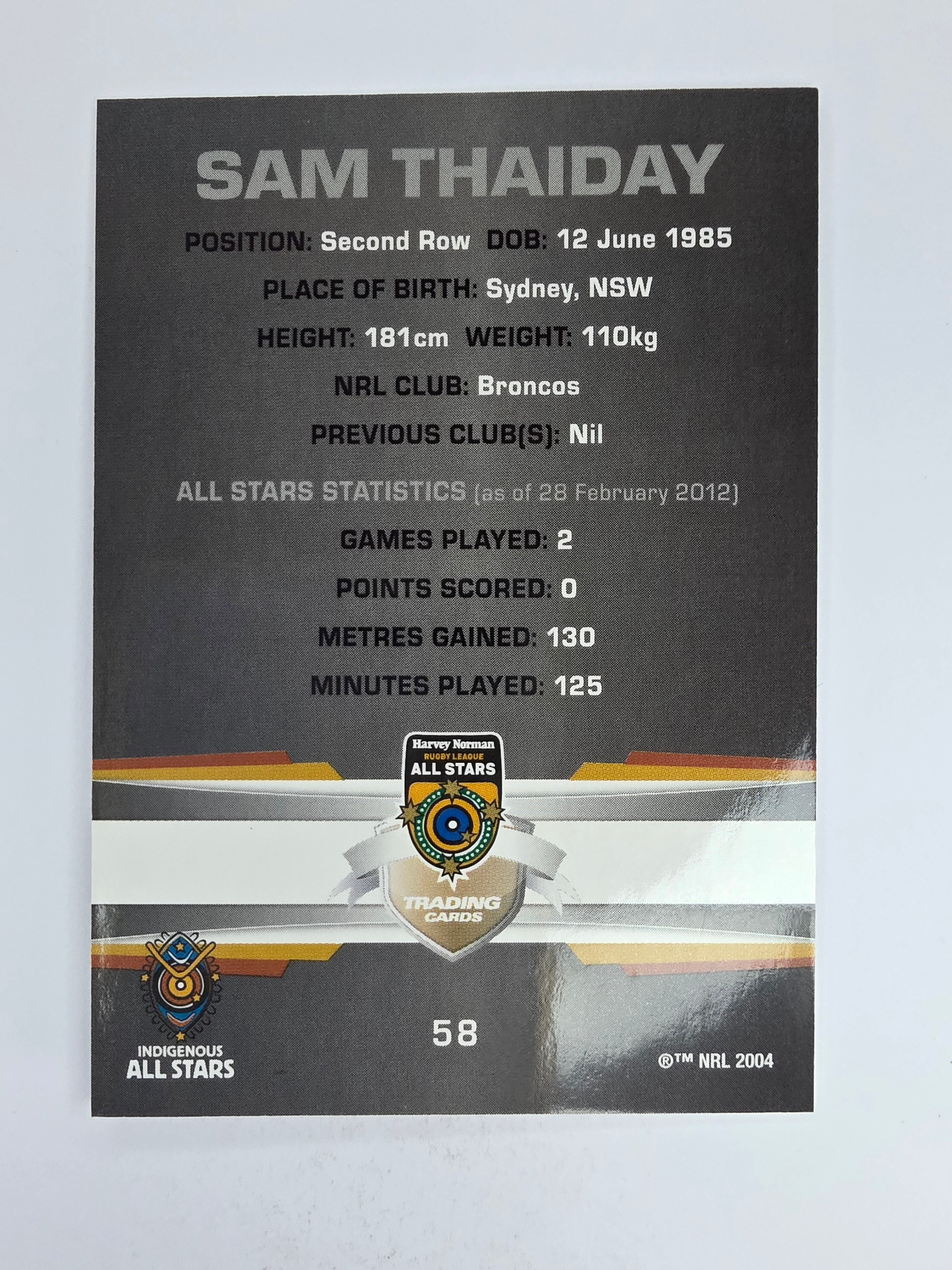 NRL 2012 Limited Edition Base Card #58 Sam Thaiday All Stars Indigenous