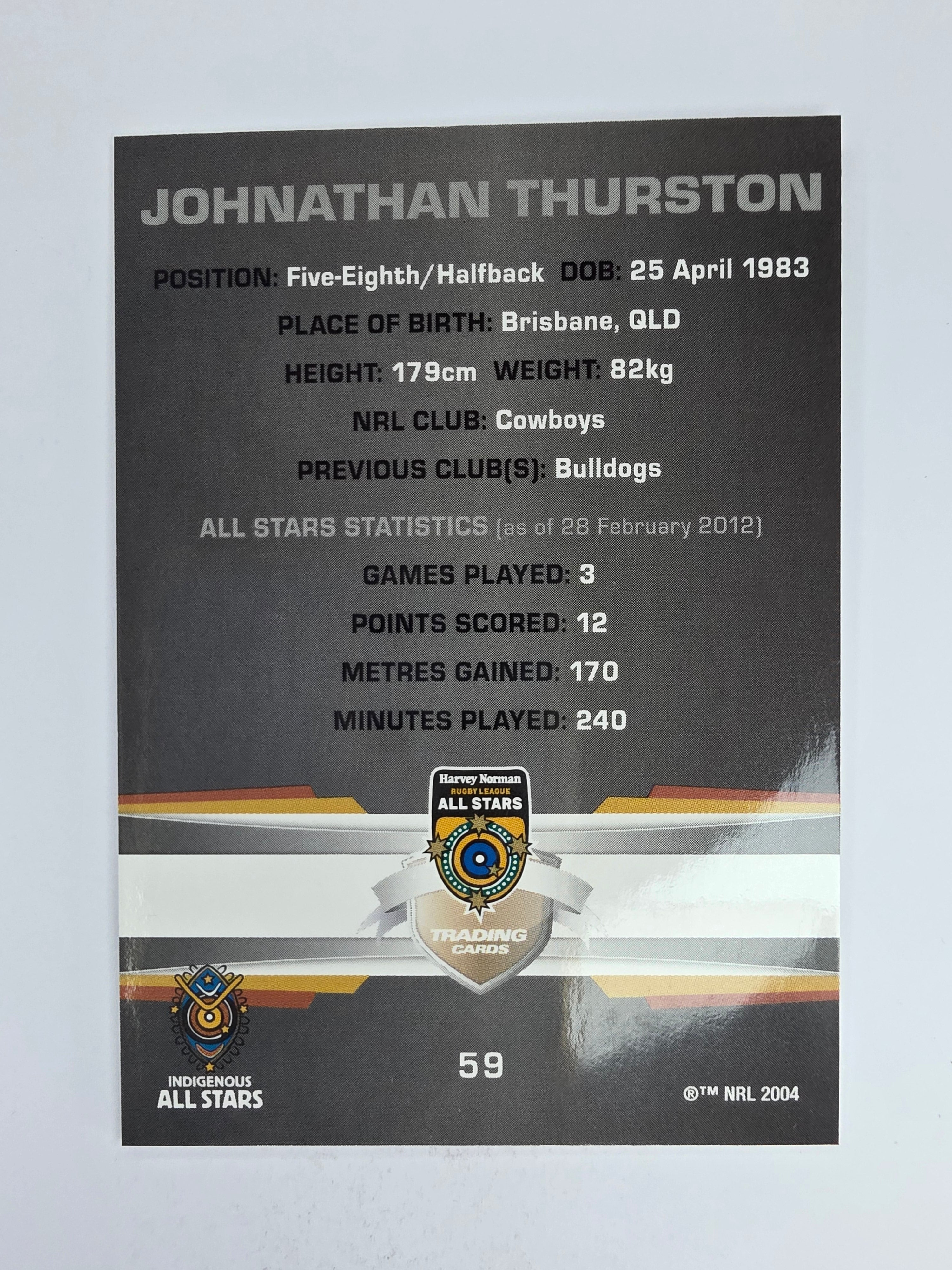 NRL 2012 Limited Edition Base Card #59 Johnathan Thurston All Stars Indigenous