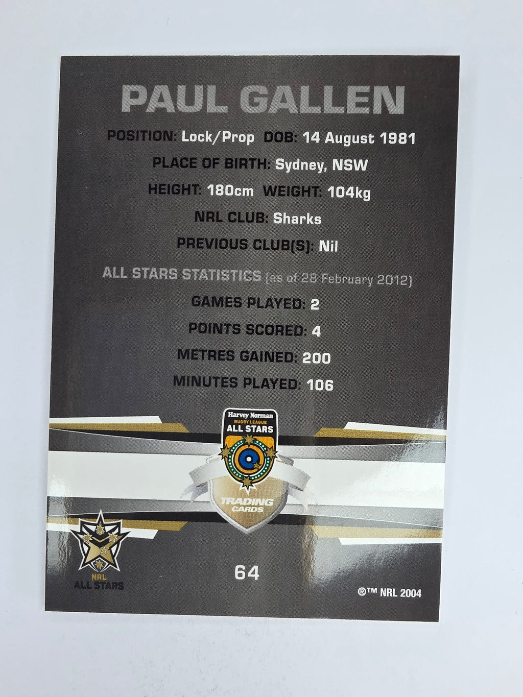 NRL 2012 Limited Edition Base Card #64 Paul Gallen All Stars NRL