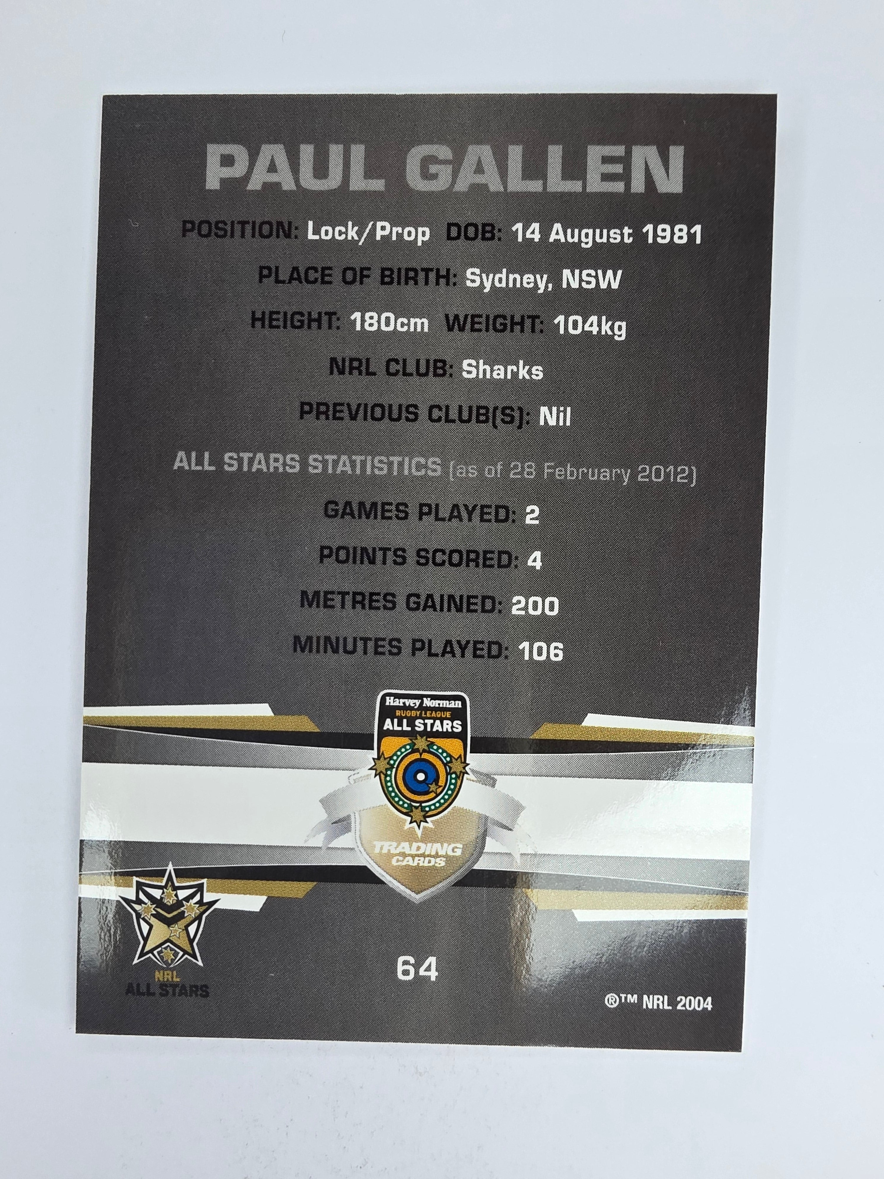 NRL 2012 Limited Edition Base Card #64 Paul Gallen All Stars NRL