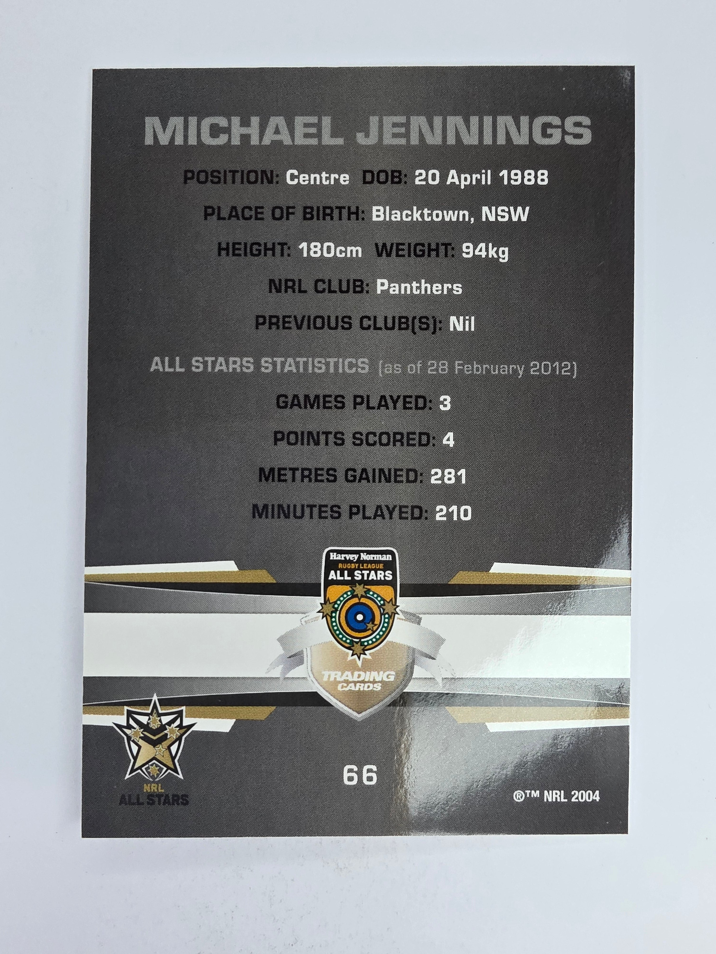 NRL 2012 Limited Edition Base Card #66 Michael Jennings All Stars NRL