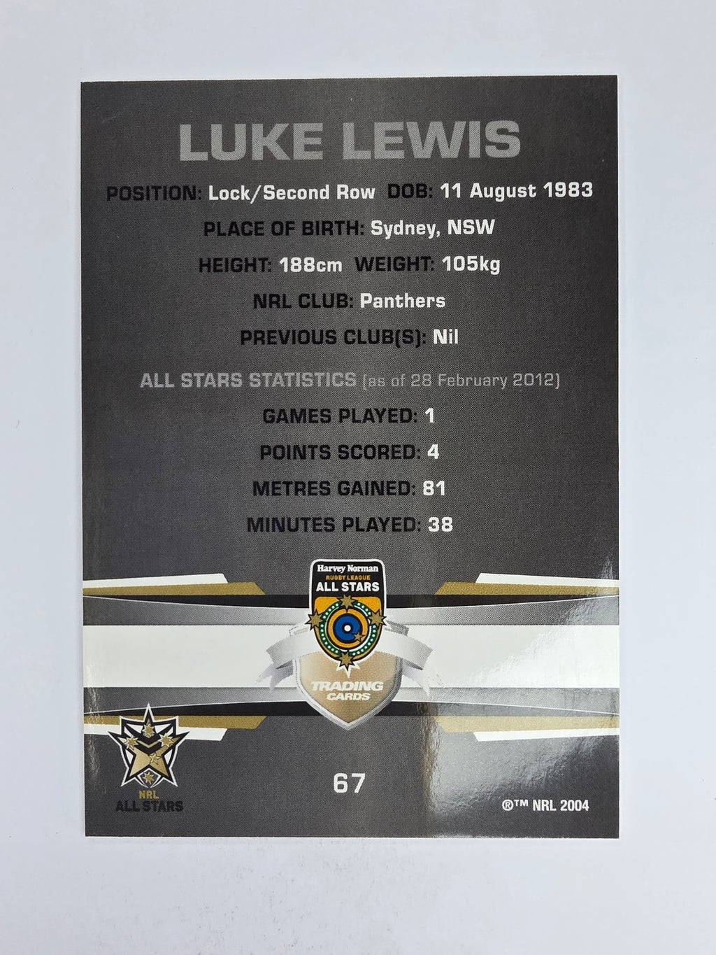 NRL 2012 Limited Edition Base Card #67 Luke Lewis All Stars NRL