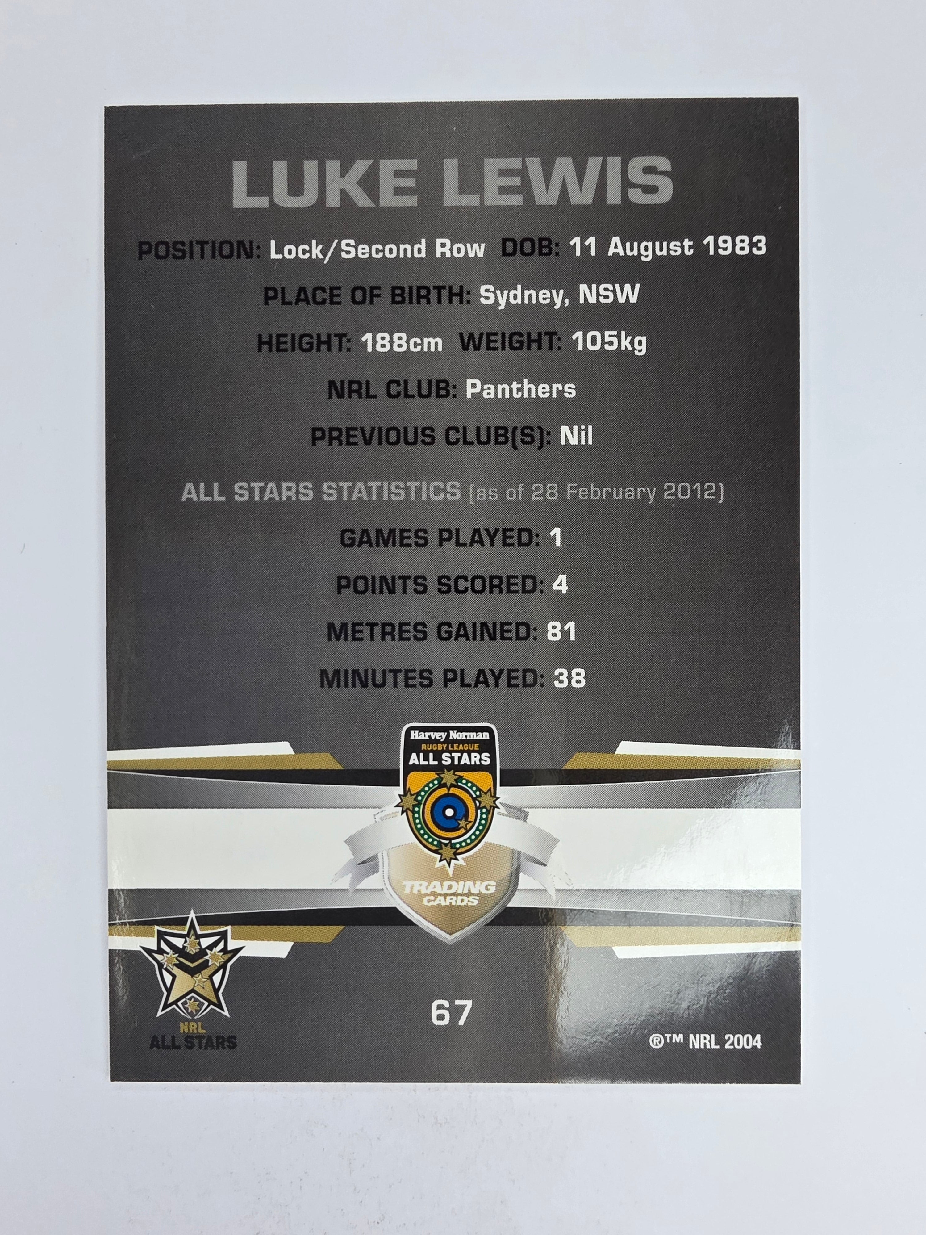 NRL 2012 Limited Edition Base Card #67 Luke Lewis All Stars NRL