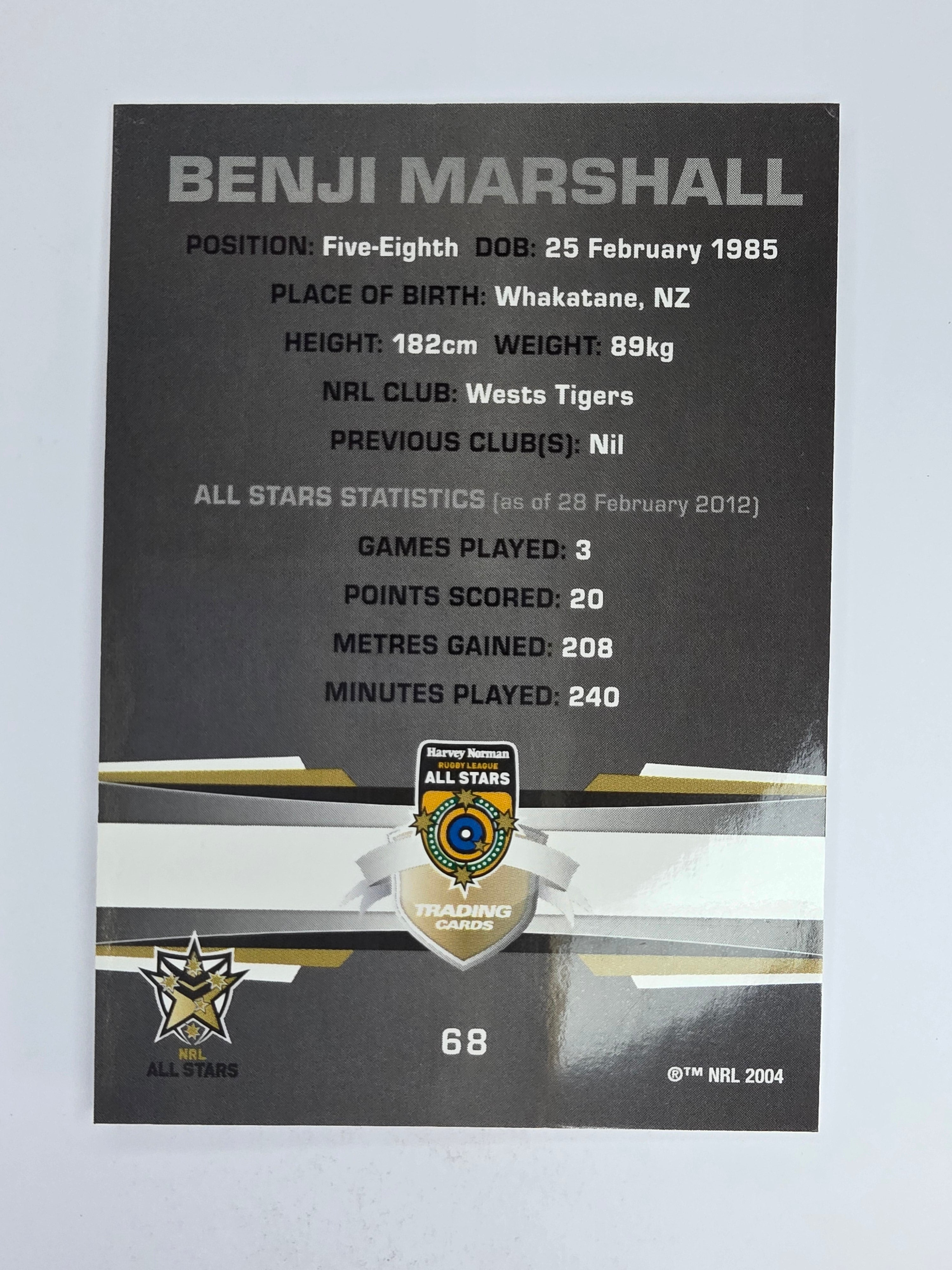 NRL 2012 Limited Edition Base Card #68 Benji Marshall All Stars NRL