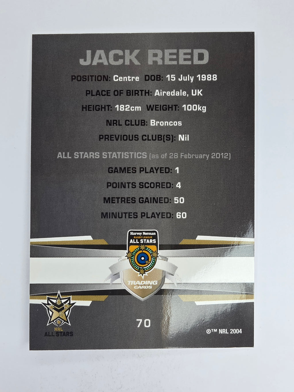 NRL 2012 Limited Edition Base Card #70 Jack Reed All Stars NRL