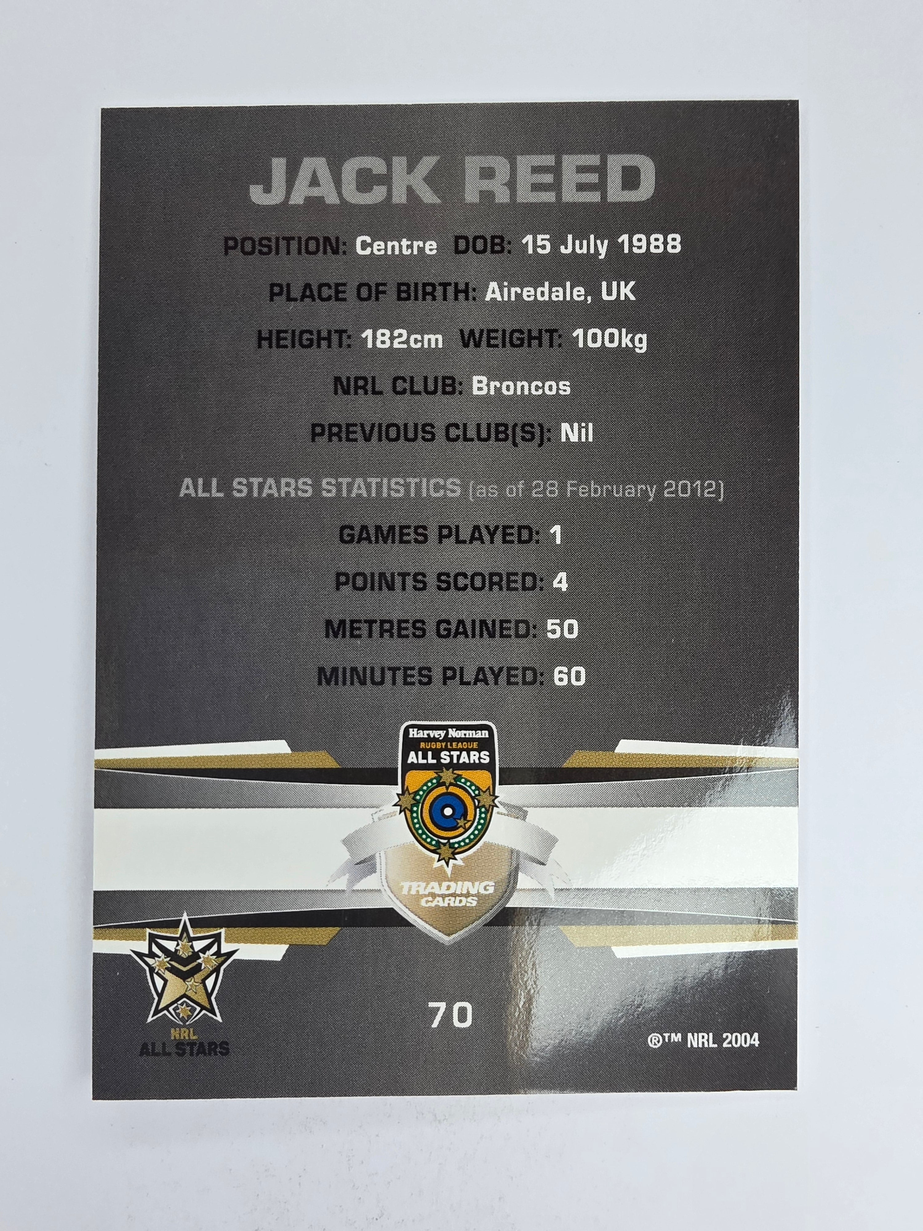 NRL 2012 Limited Edition Base Card #70 Jack Reed All Stars NRL