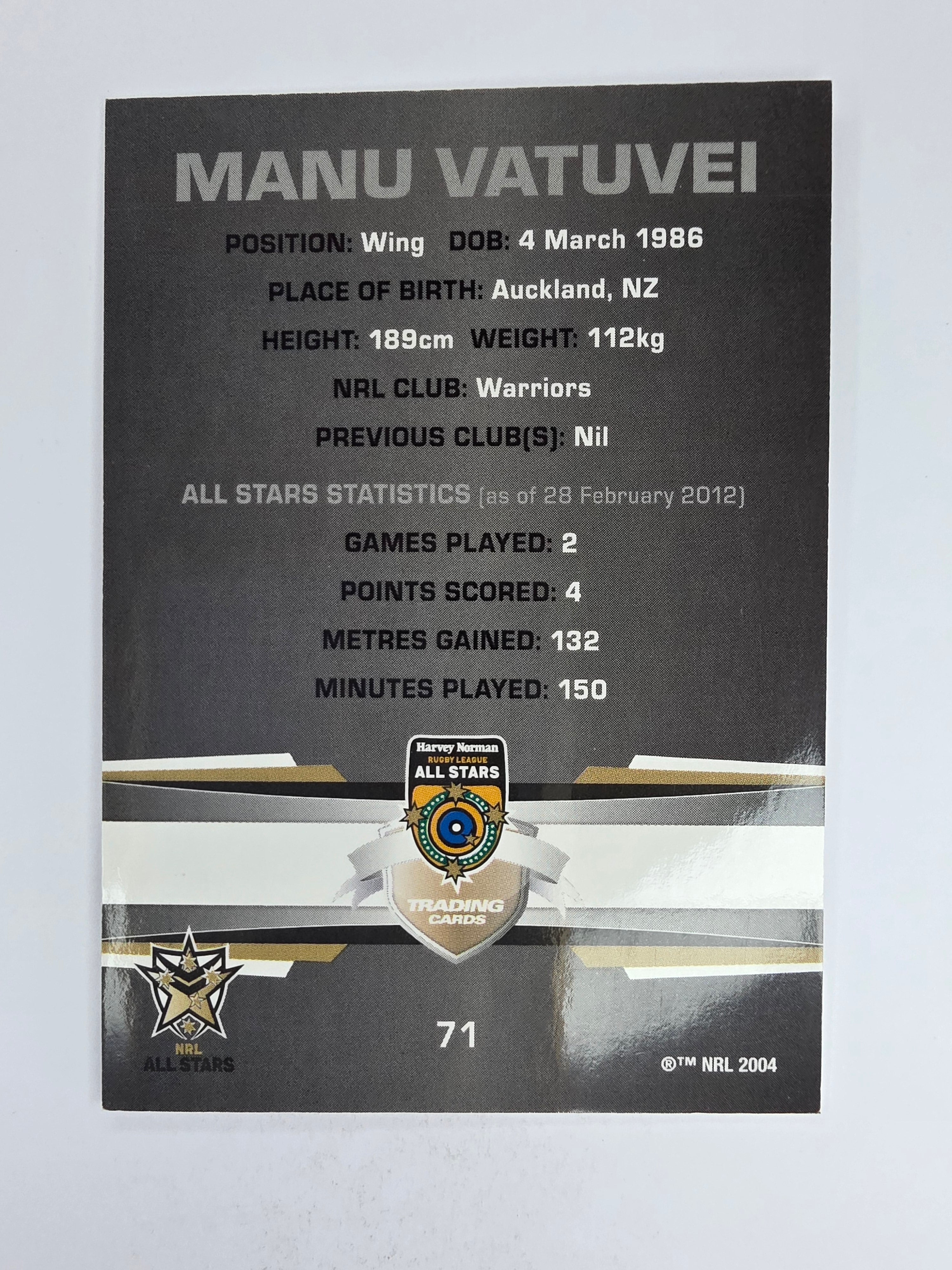 NRL 2012 Limited Edition Base Card #71 Manu Vatuvei All Stars NRL