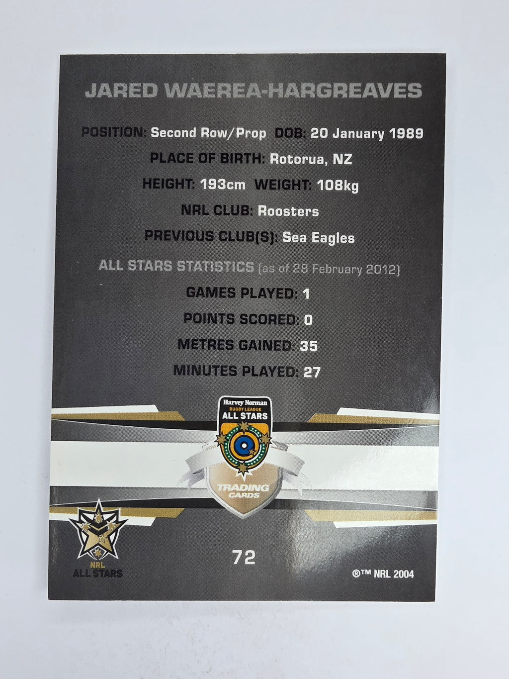 NRL 2012 Limited Edition Base Card #72 Jared Waerea-Hargreaves All Stars NRL