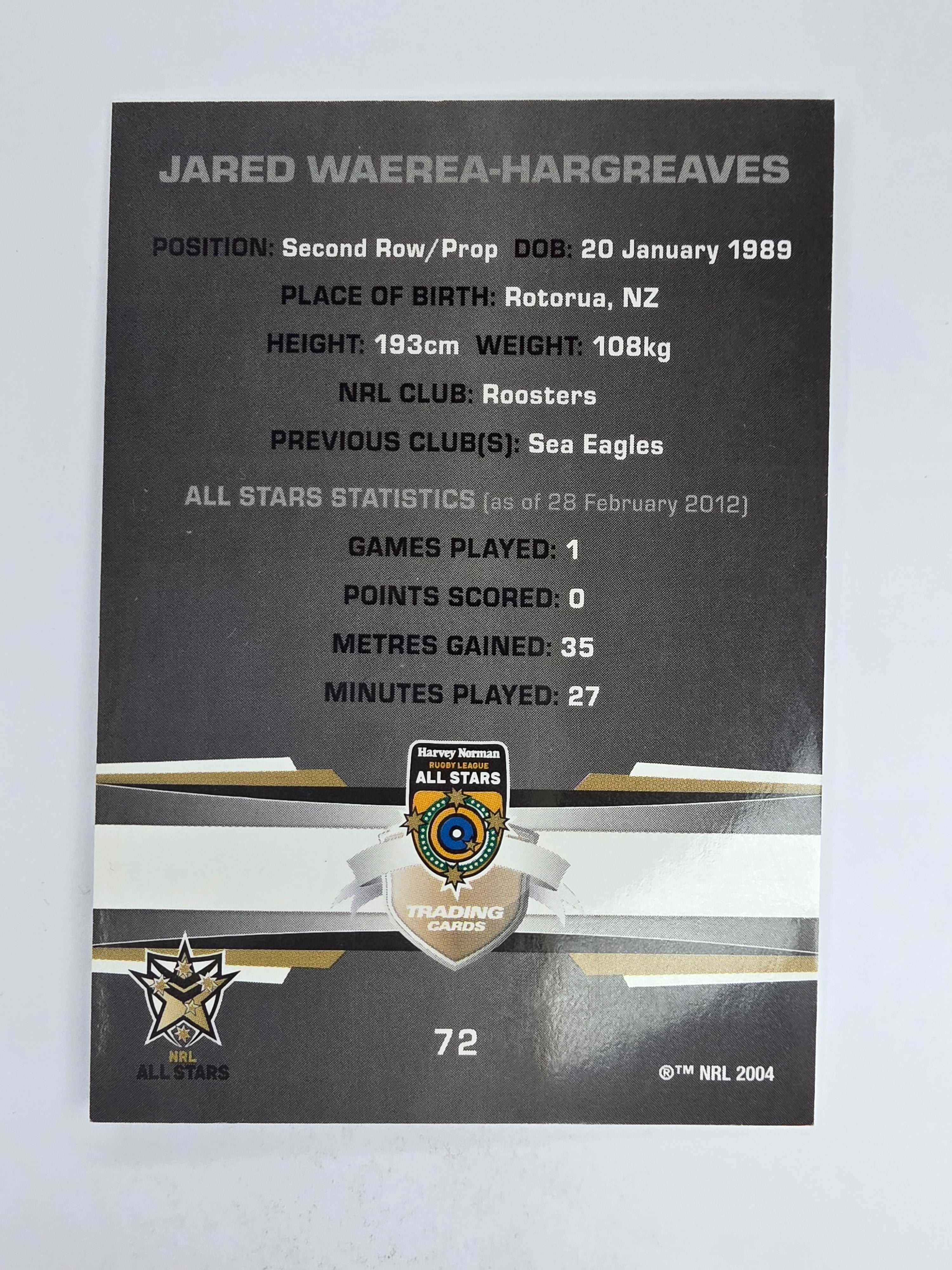 NRL 2012 Limited Edition Base Card #72 Jared Waerea-Hargreaves All Stars NRL