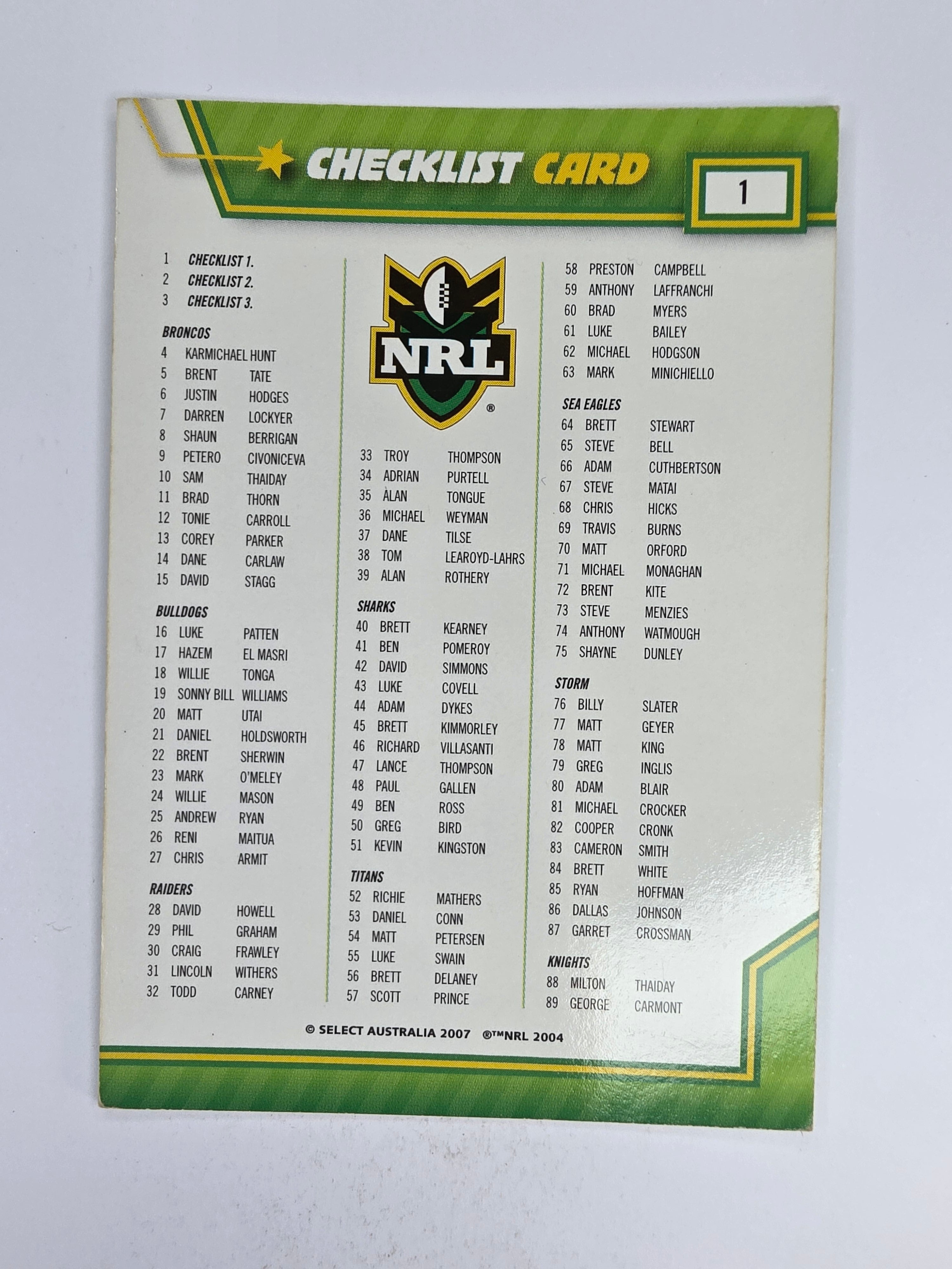 NRL 2007 Champions Base Card #1 Checklist