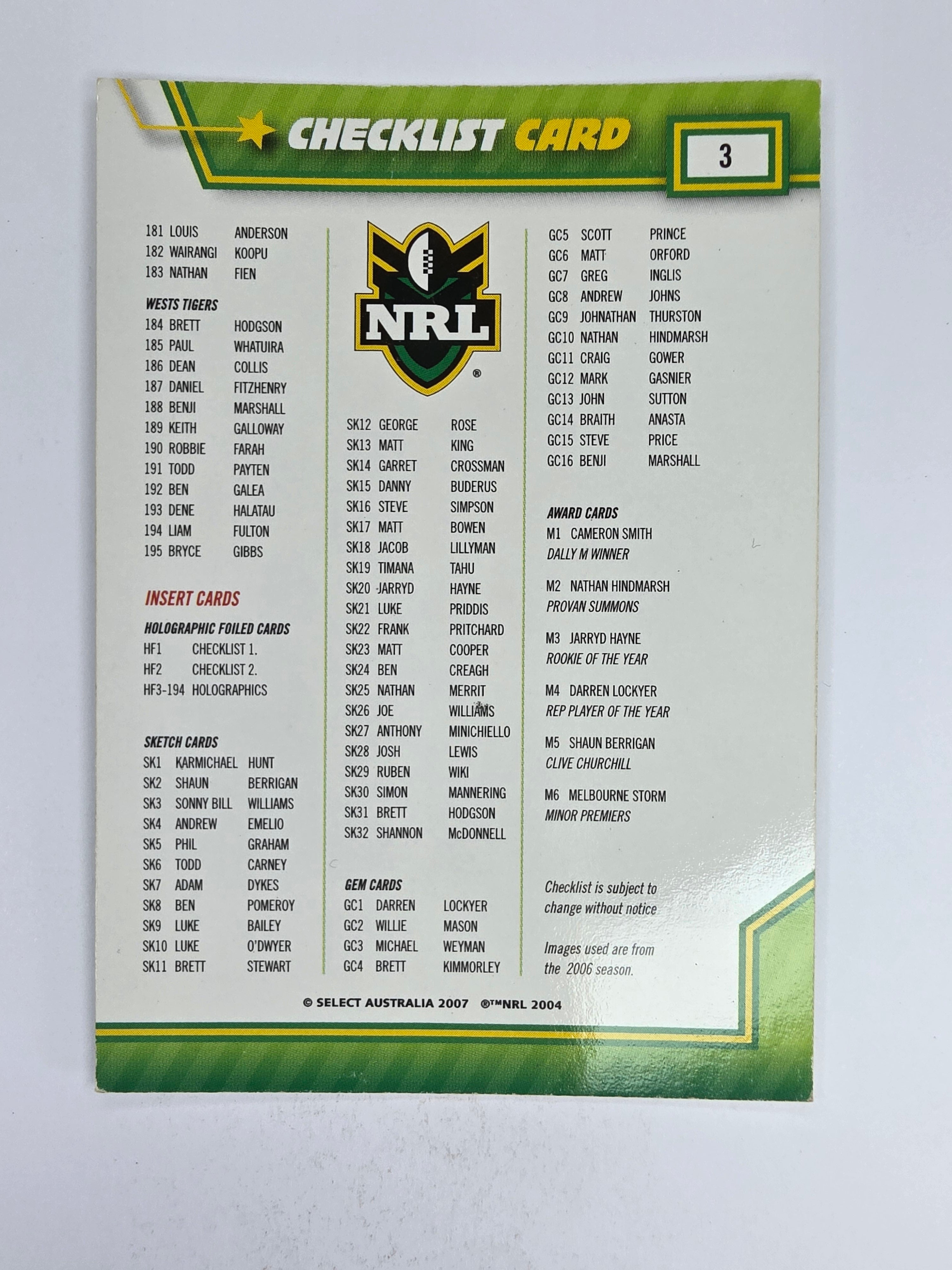 NRL 2007 Champions Base Card #3 Checklist