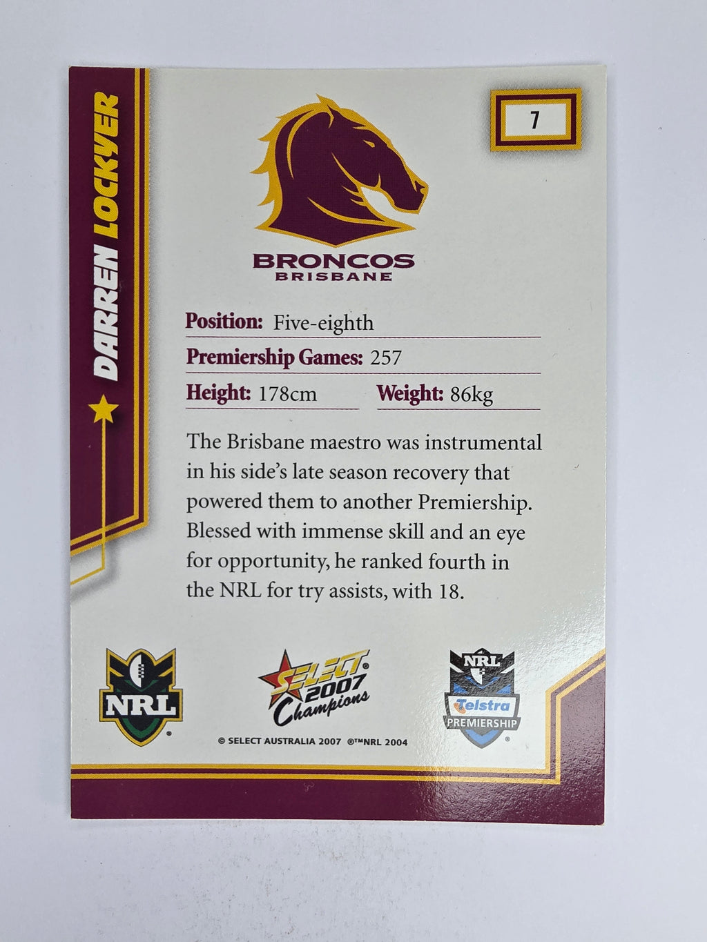 NRL 2007 Champions Base Card #7 Darren Lockyer Brisbane Broncos