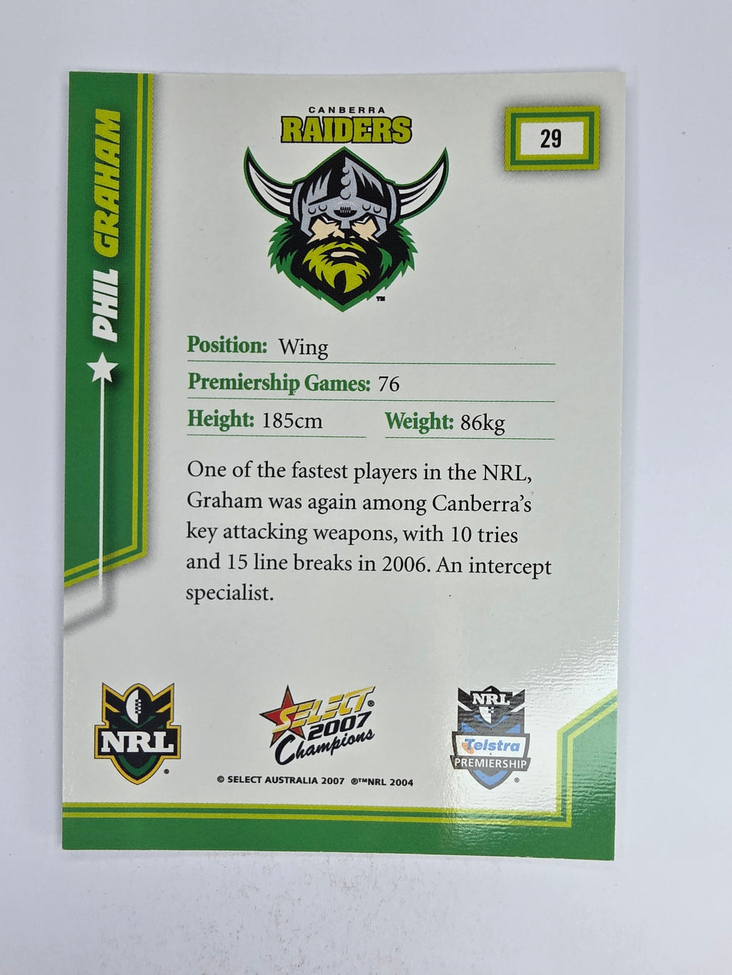NRL 2007 Champions Base Card #29 Phil Graham Canberra Raiders