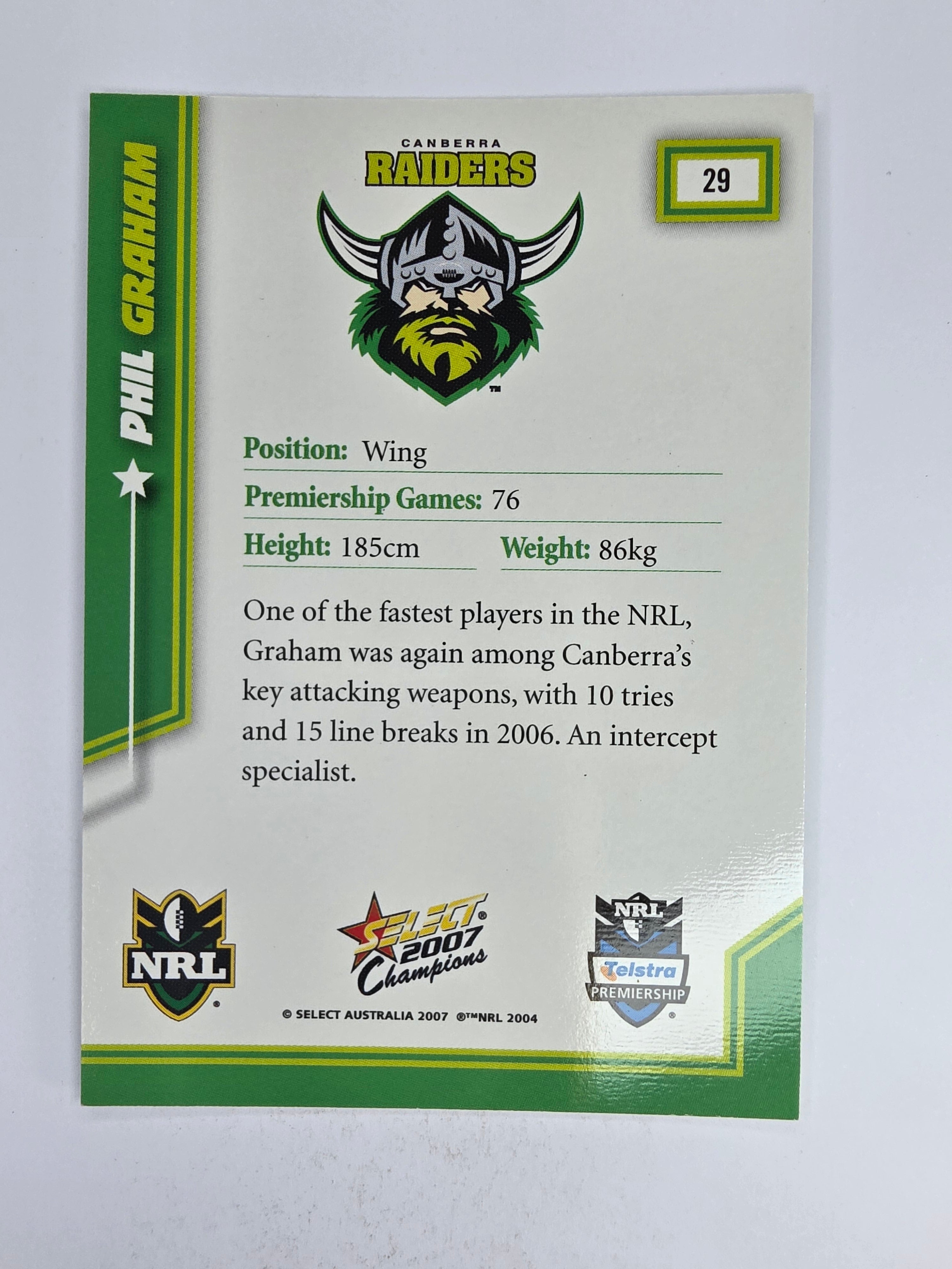 NRL 2007 Champions Base Card #29 Phil Graham Canberra Raiders