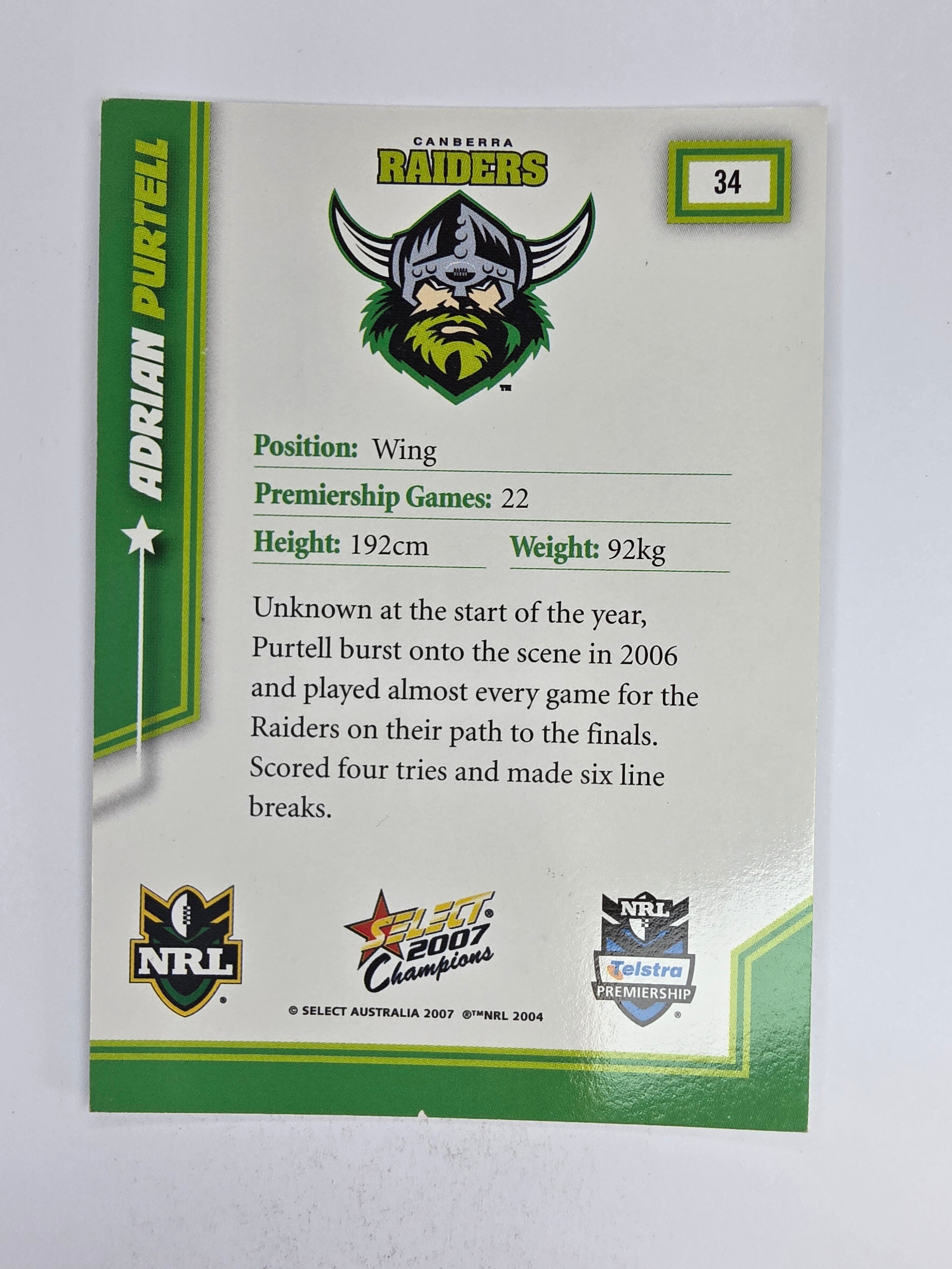 NRL 2007 Champions Base Card #34 Adrian Purtell Canberra Raiders