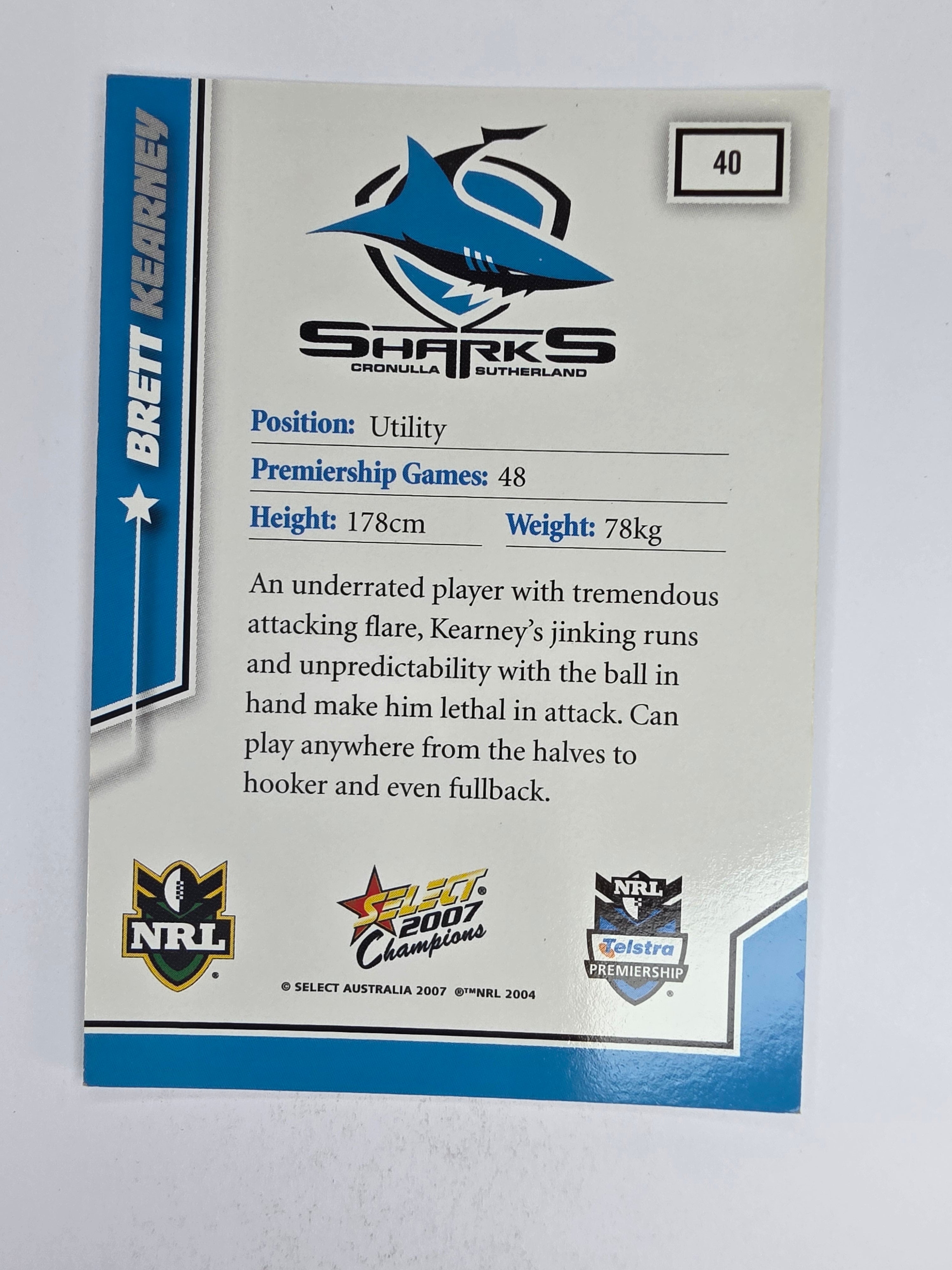 NRL 2007 Champions Base Card #40 Brett Kearney Cronulla Sutherland Sharks