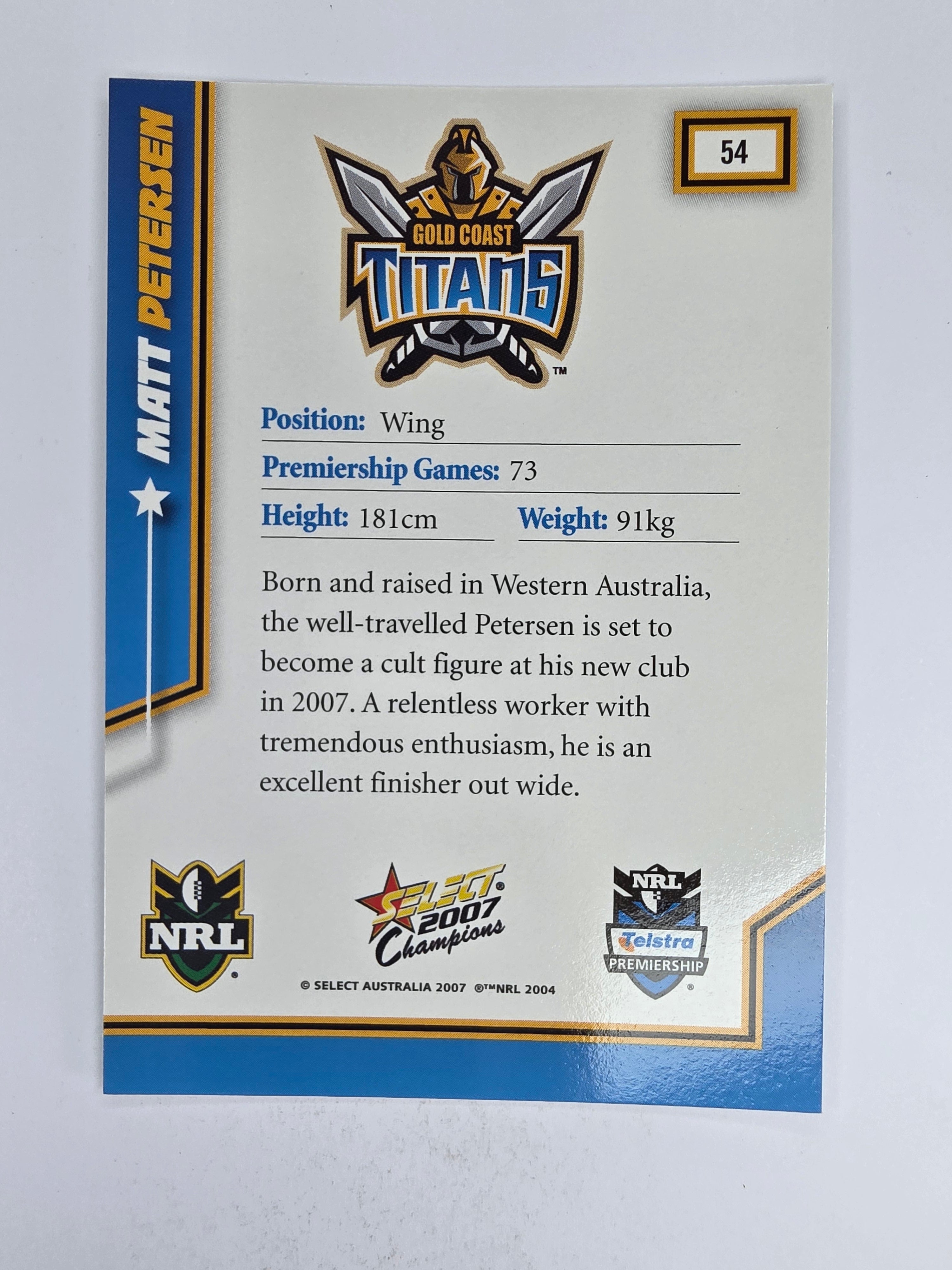 NRL 2007 Champions Base Card #54 Matt Petersen Gold Coast Titans