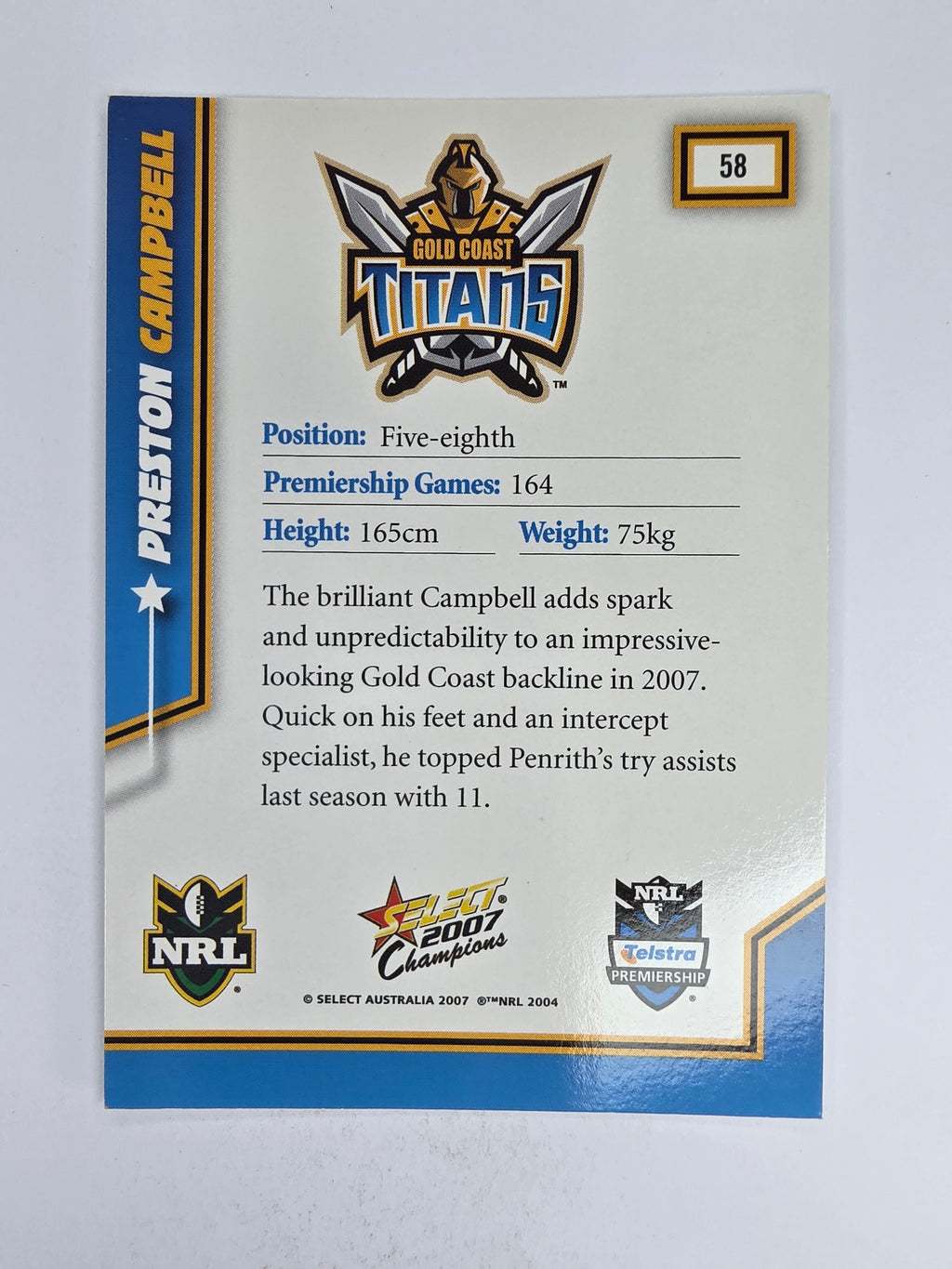NRL 2007 Champions Base Card #58 Preston Campbell Gold Coast Titans