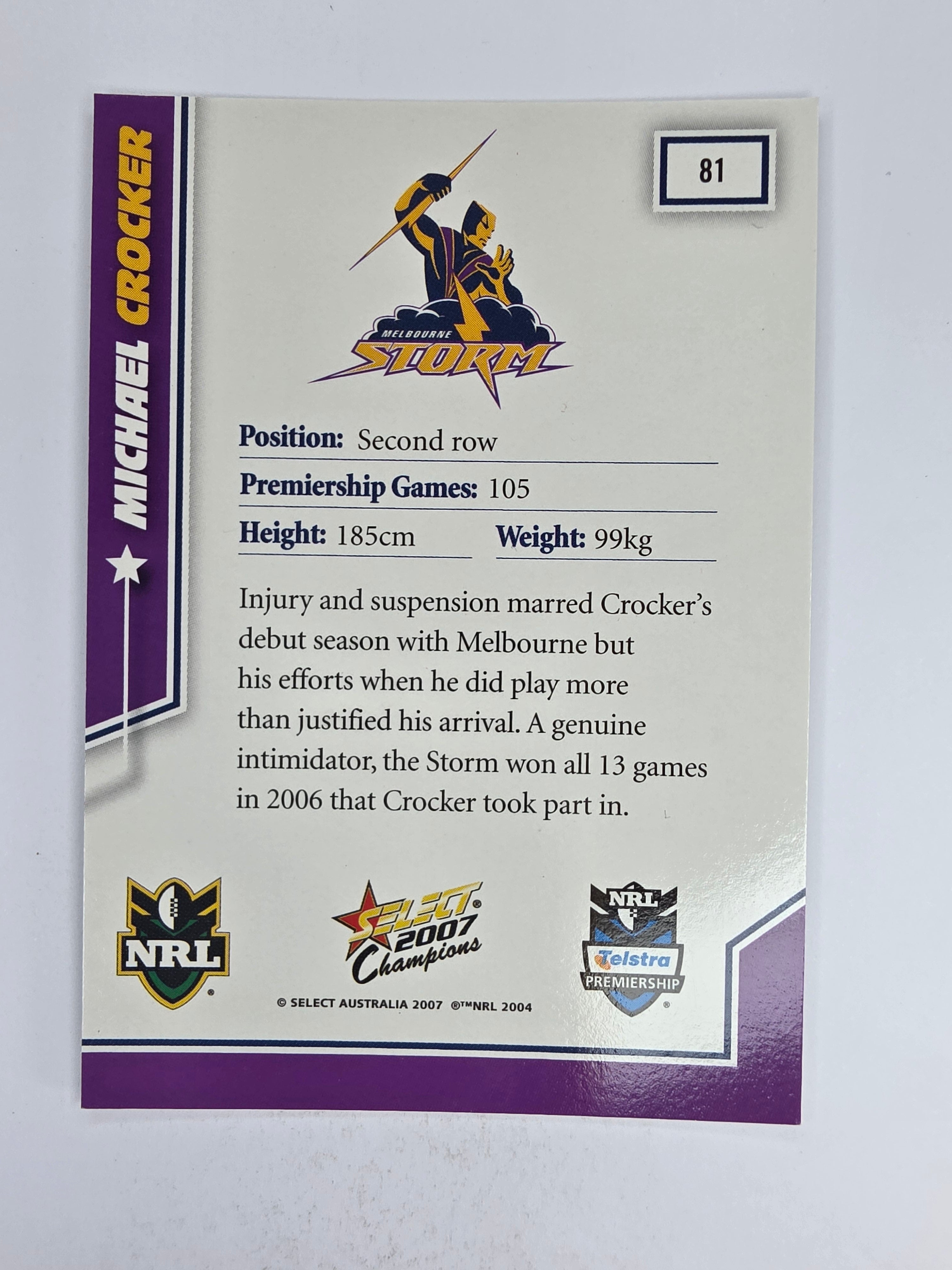 NRL 2007 Champions Base Card #81 Michael Crocker Melbourne Storm