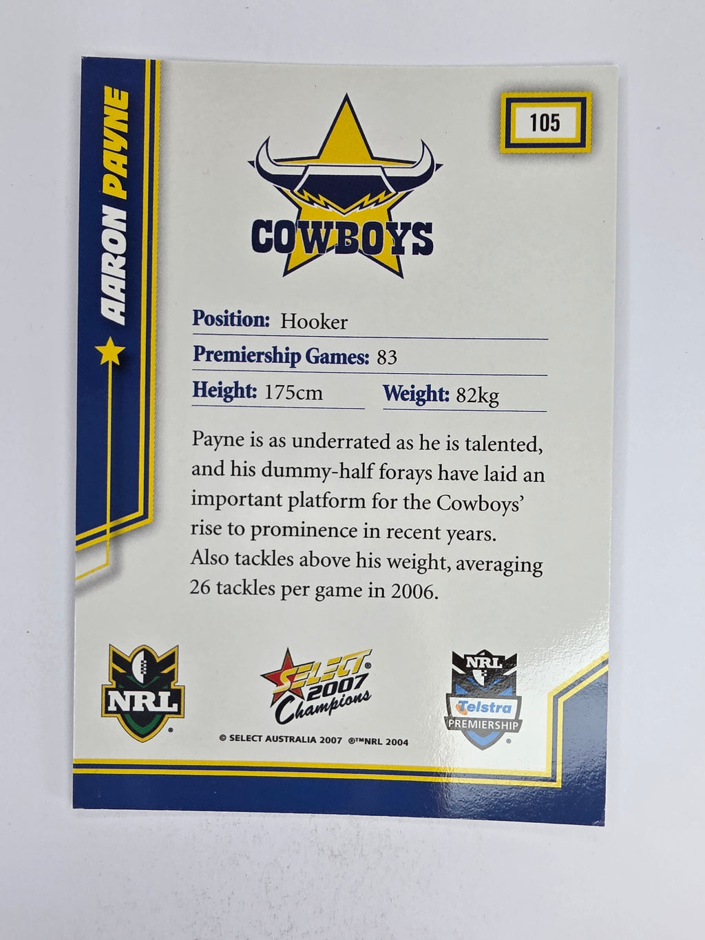 NRL 2007 Champions Base Card #105 Aaron Payne North Queensland Cowboys