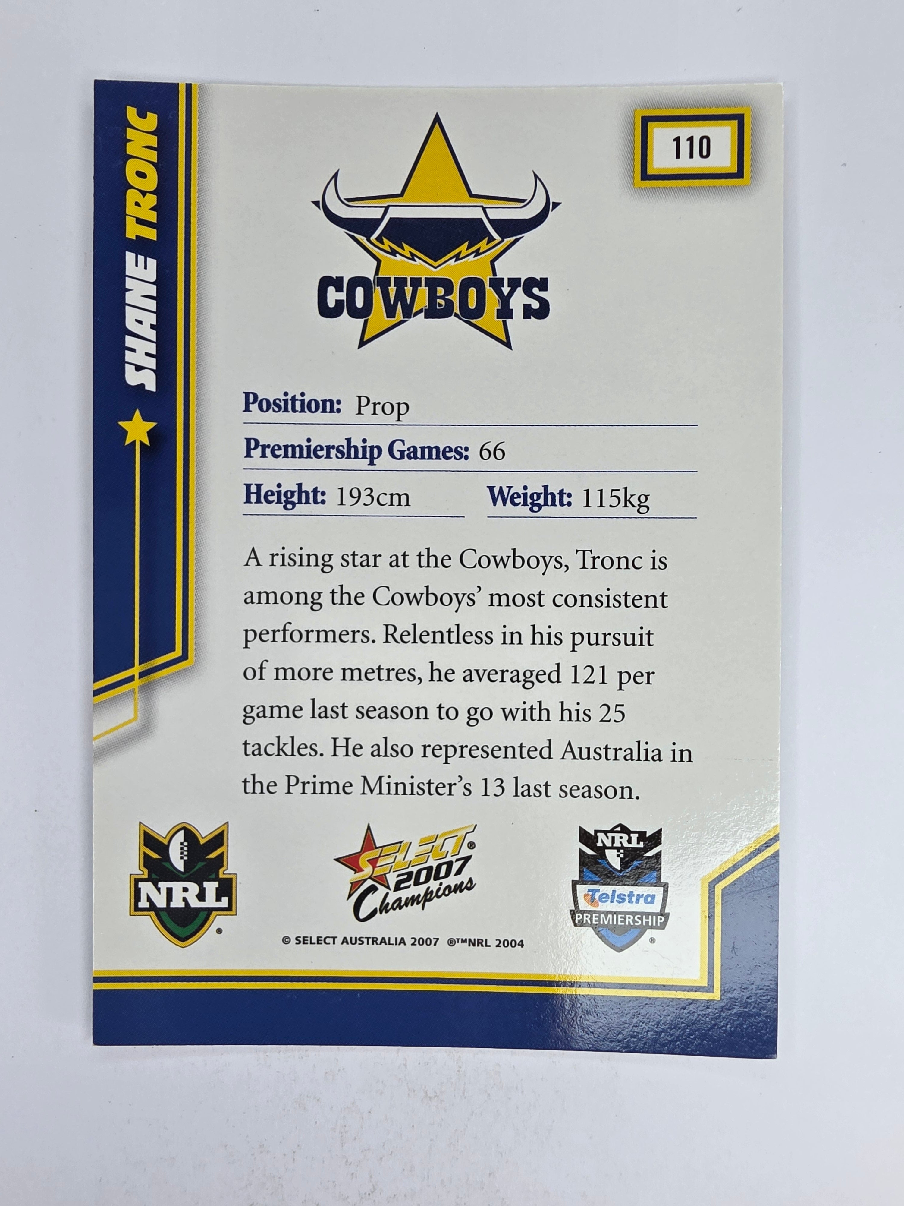 NRL 2007 Champions Base Card #110 Shane Tronc North Queensland Cowboys