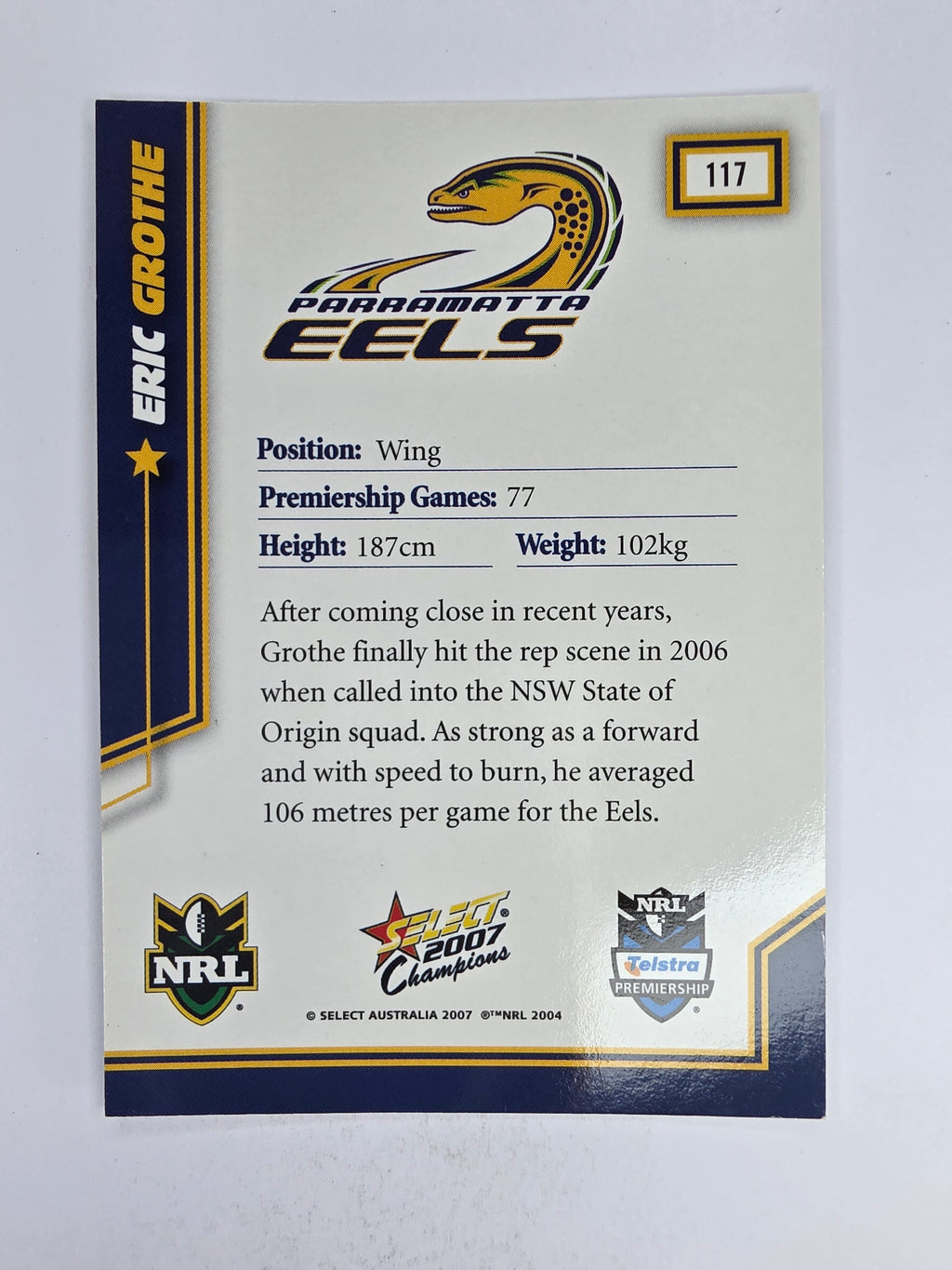 NRL 2007 Champions Base Card #117 Eric Grothe Parramatta Eels