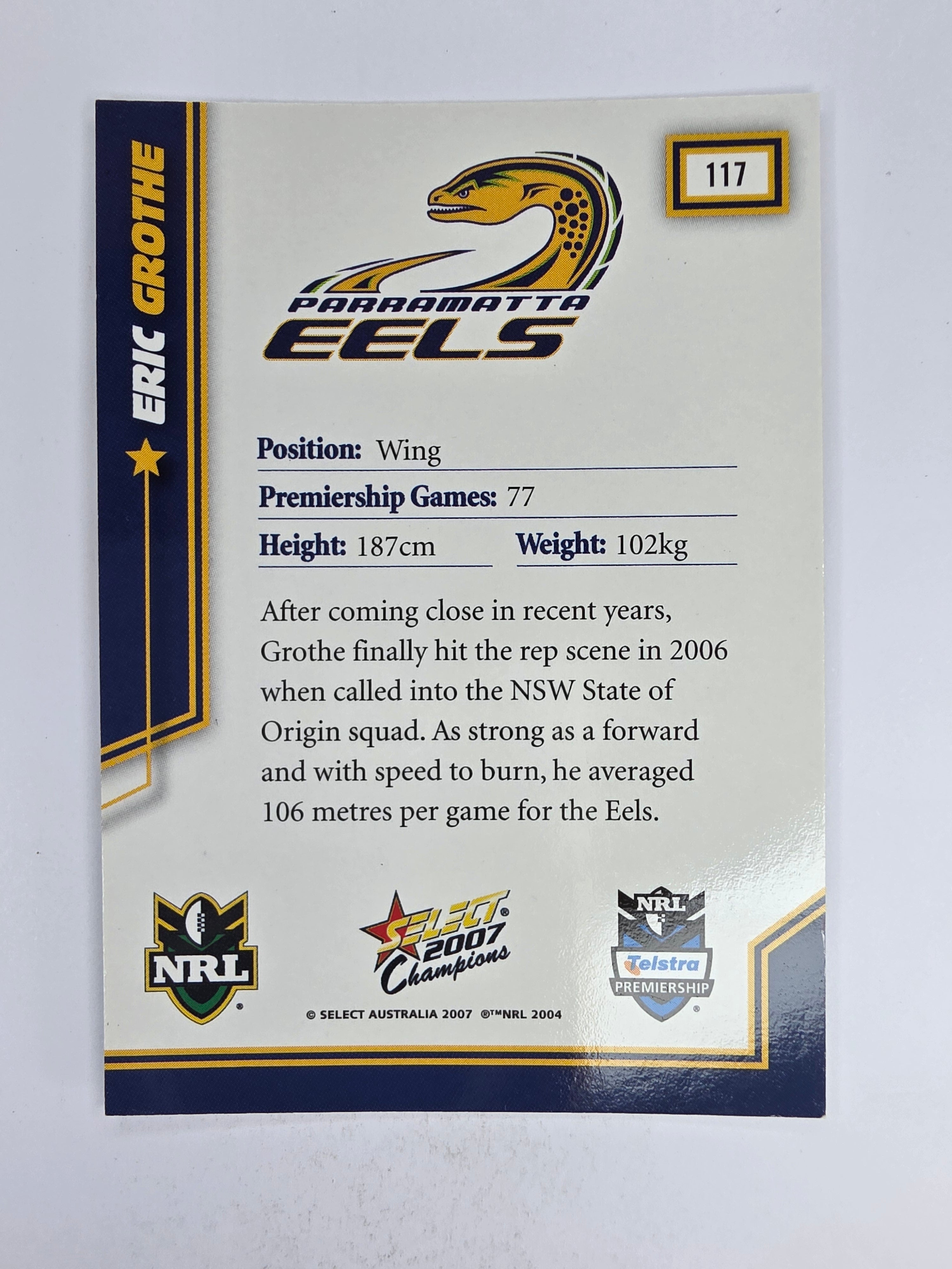 NRL 2007 Champions Base Card #117 Eric Grothe Parramatta Eels