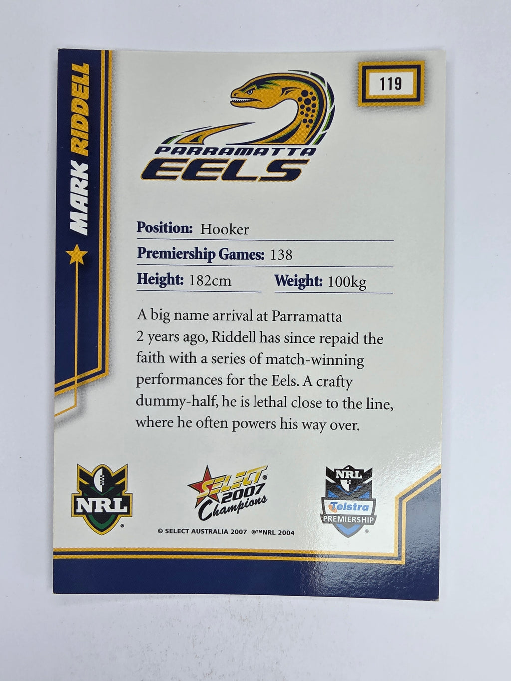 NRL 2007 Champions Base Card #119 Mark Riddell Parramatta Eels