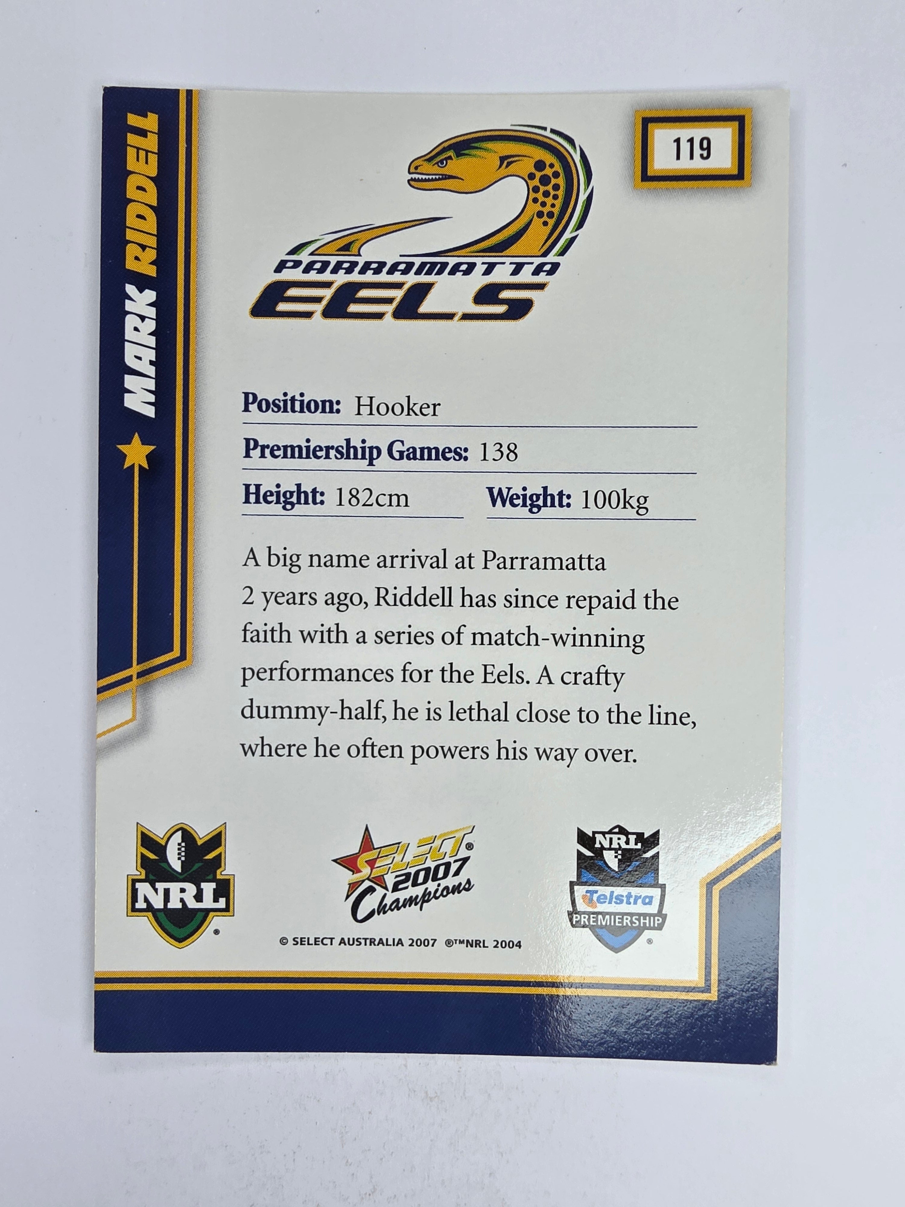 NRL 2007 Champions Base Card #119 Mark Riddell Parramatta Eels
