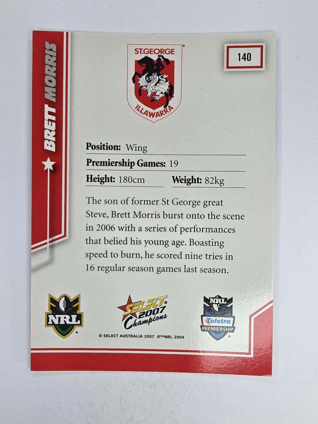 NRL 2007 Champions Base Card #140 Brett Morris St George Illawarra Dragons