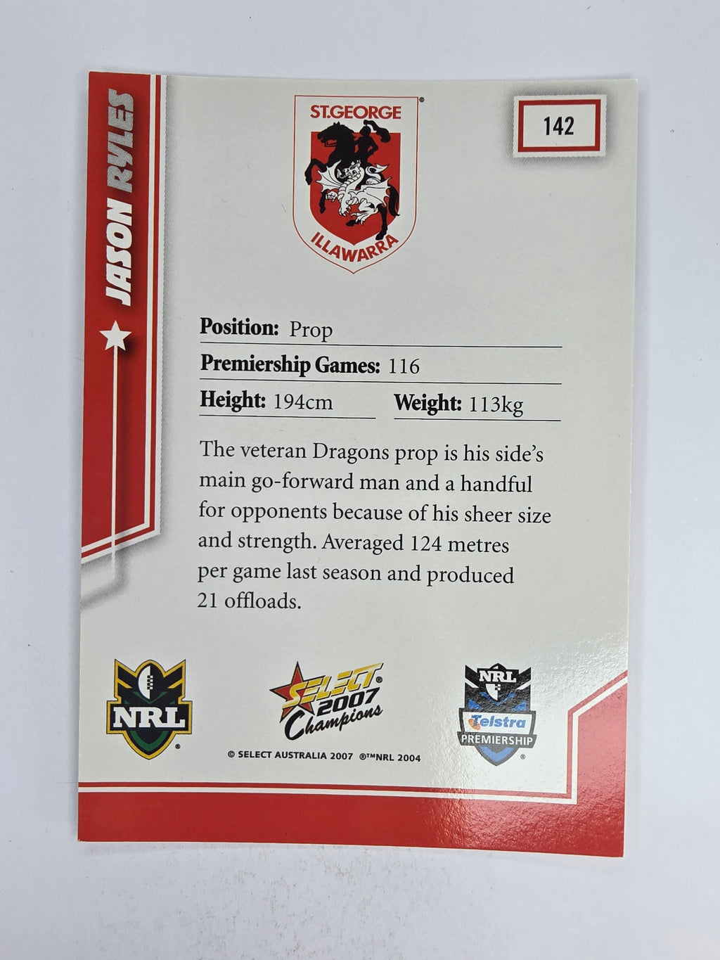 NRL 2007 Champions Base Card #142 Jason Ryles St George Illawarra Dragons