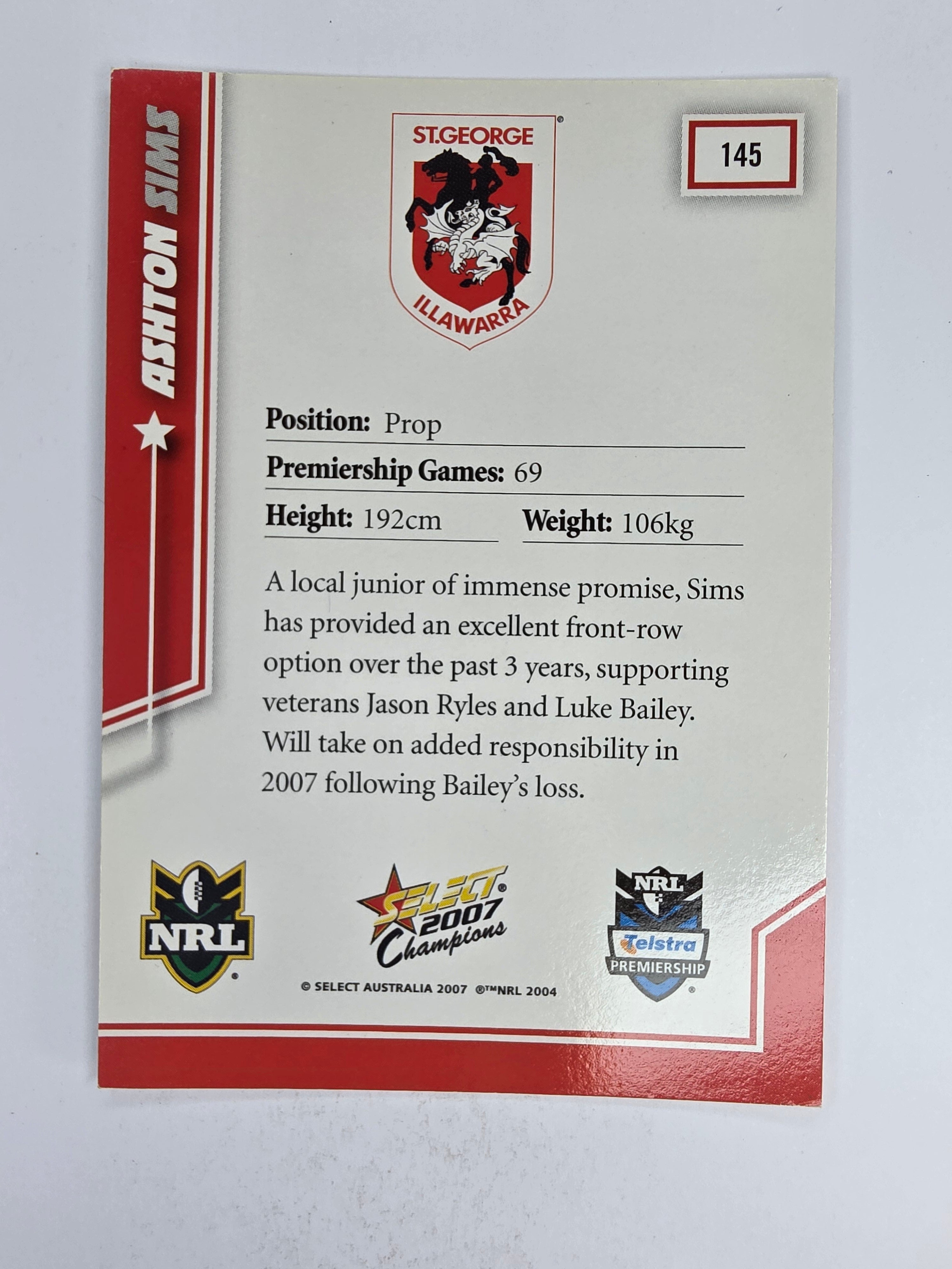 NRL 2007 Champions Base Card #145 Ashton Sims St George Illawarra Dragons