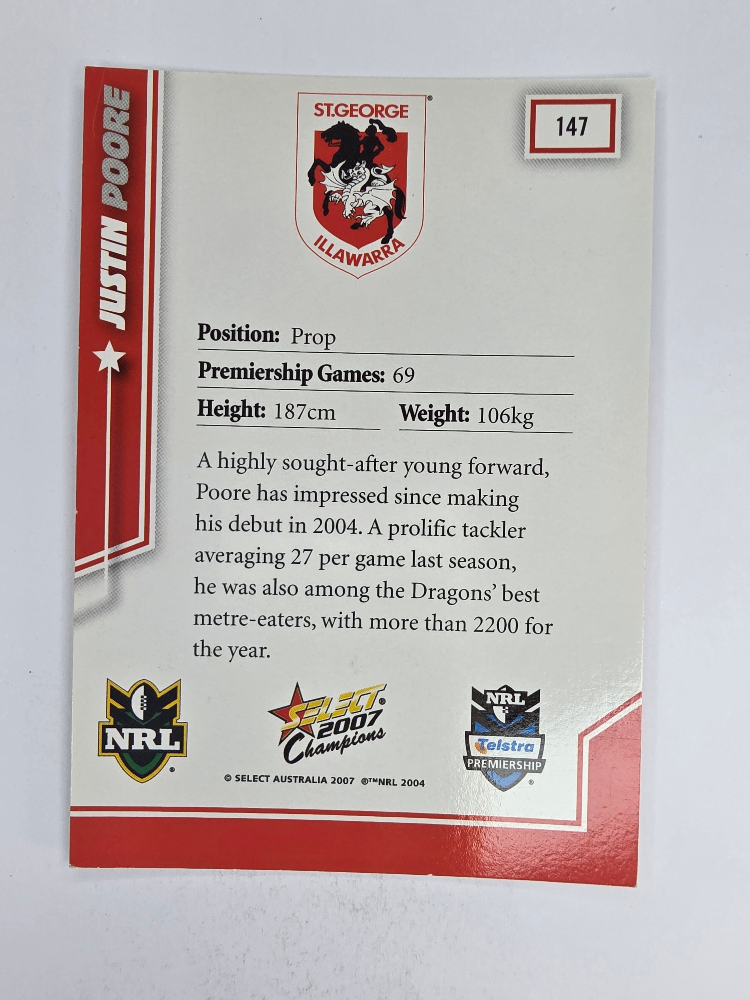 NRL 2007 Champions Base Card #147 Justin Poore St George Illawarra Dragons