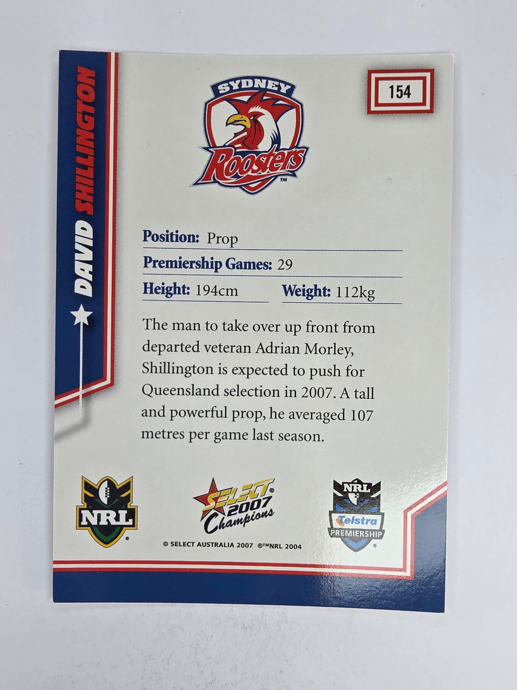 NRL 2007 Champions Base Card #154 David Shillington Sydney Roosters
