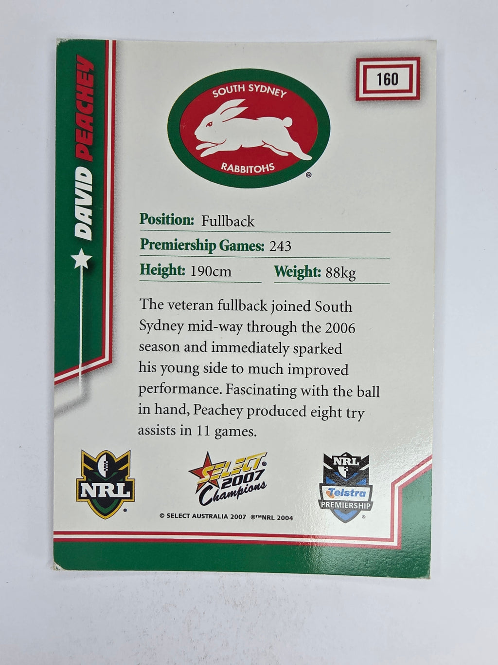 NRL 2007 Champions Base Card #160 David Peachey South Sydney Rabbitohs