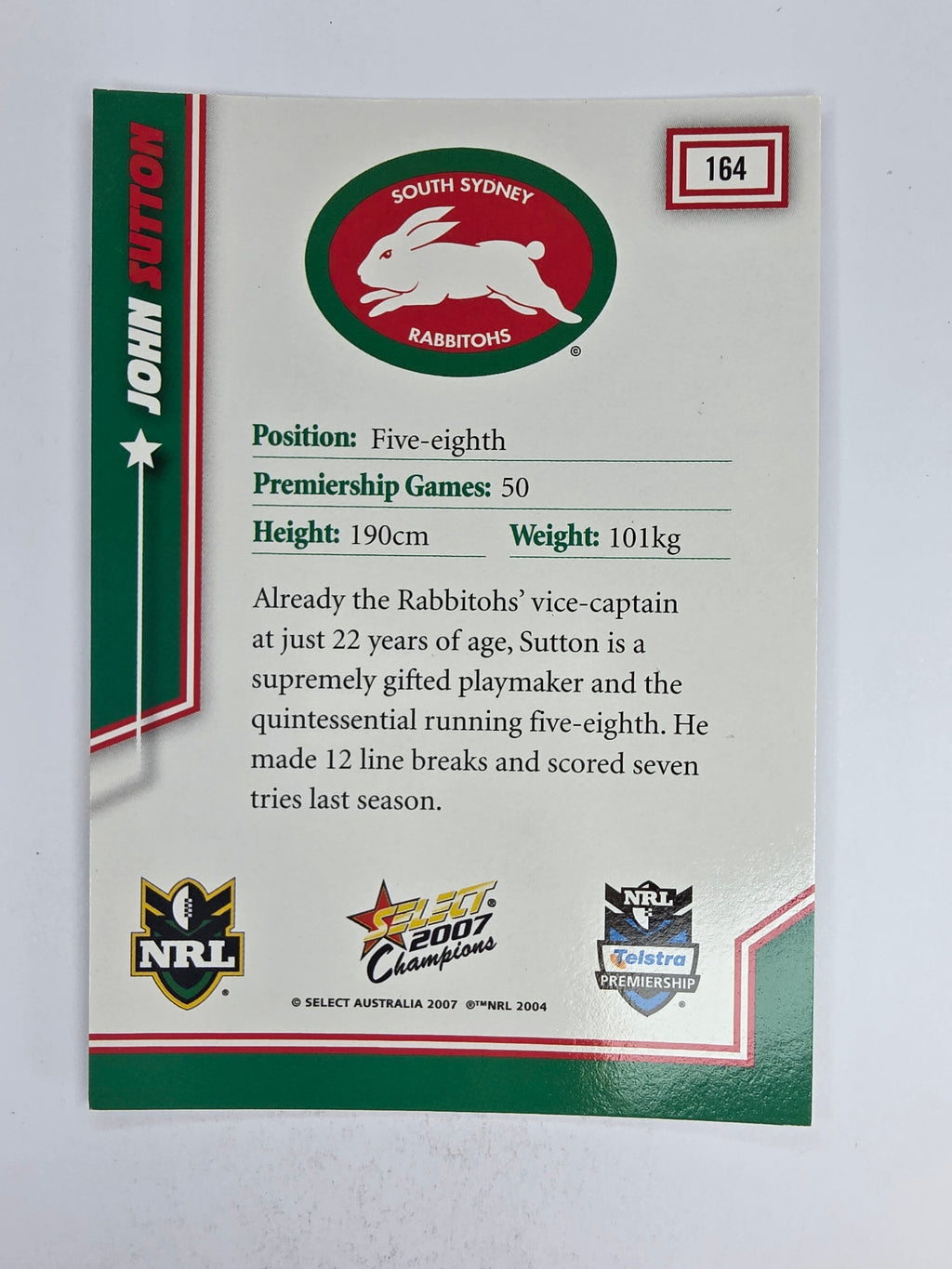 NRL 2007 Champions Base Card #164 John Sutton South Sydney Rabbitohs
