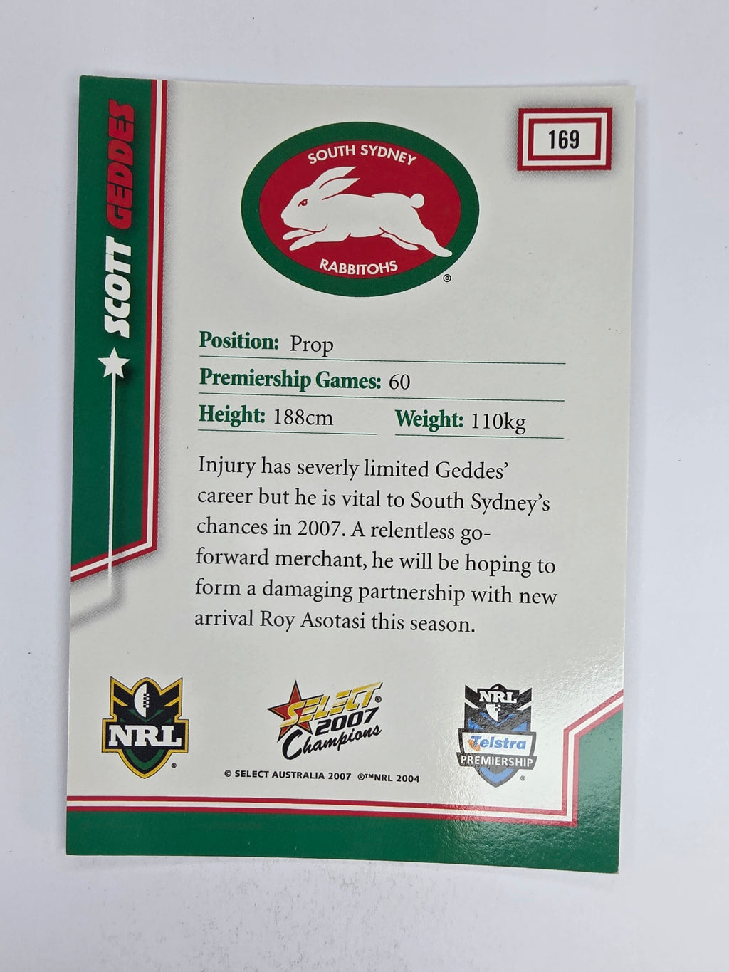 NRL 2007 Champions Base Card #169 Scott Geddes South Sydney Rabbitohs