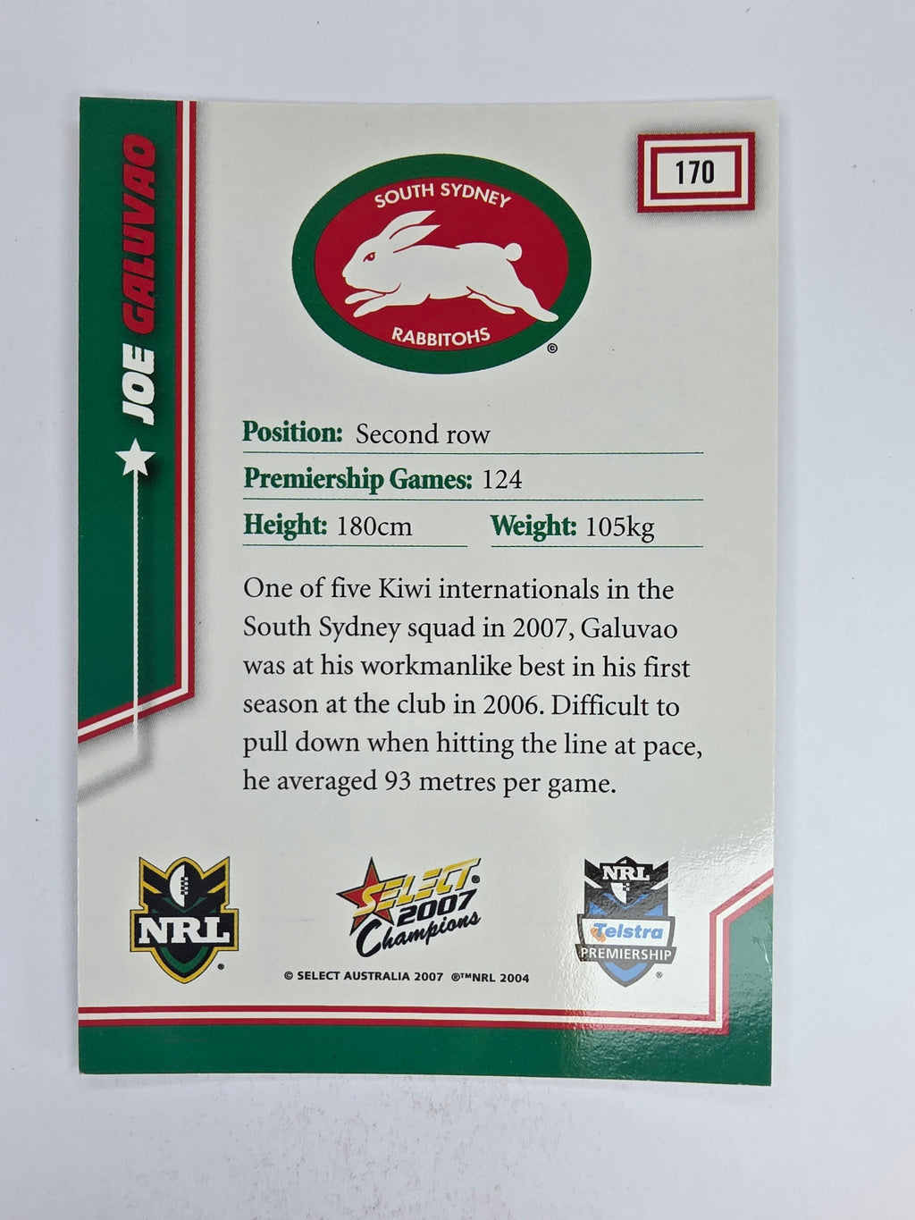 NRL 2007 Champions Base Card #170 Joe Galuvao South Sydney Rabbitohs