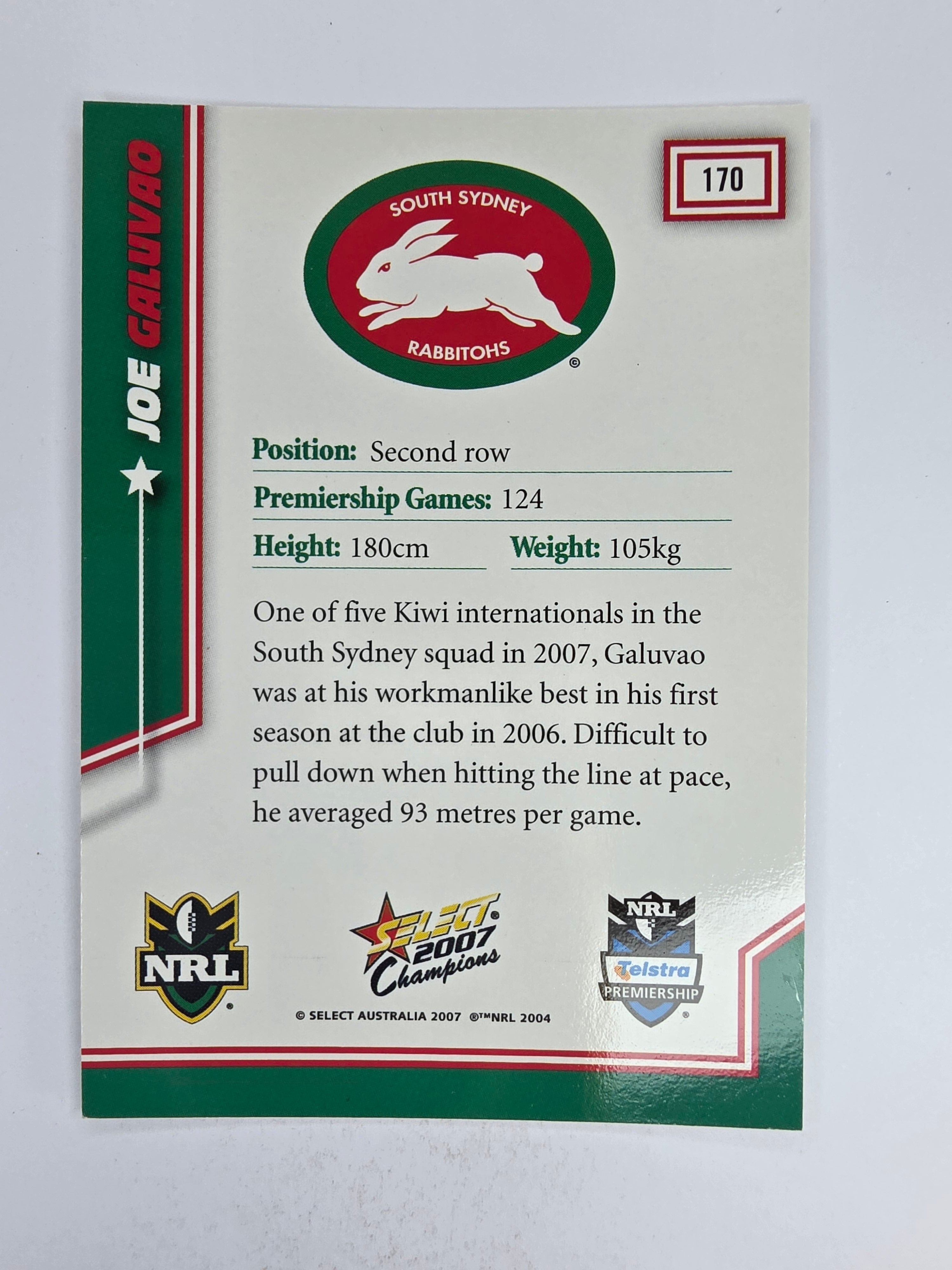 NRL 2007 Champions Base Card #170 Joe Galuvao South Sydney Rabbitohs