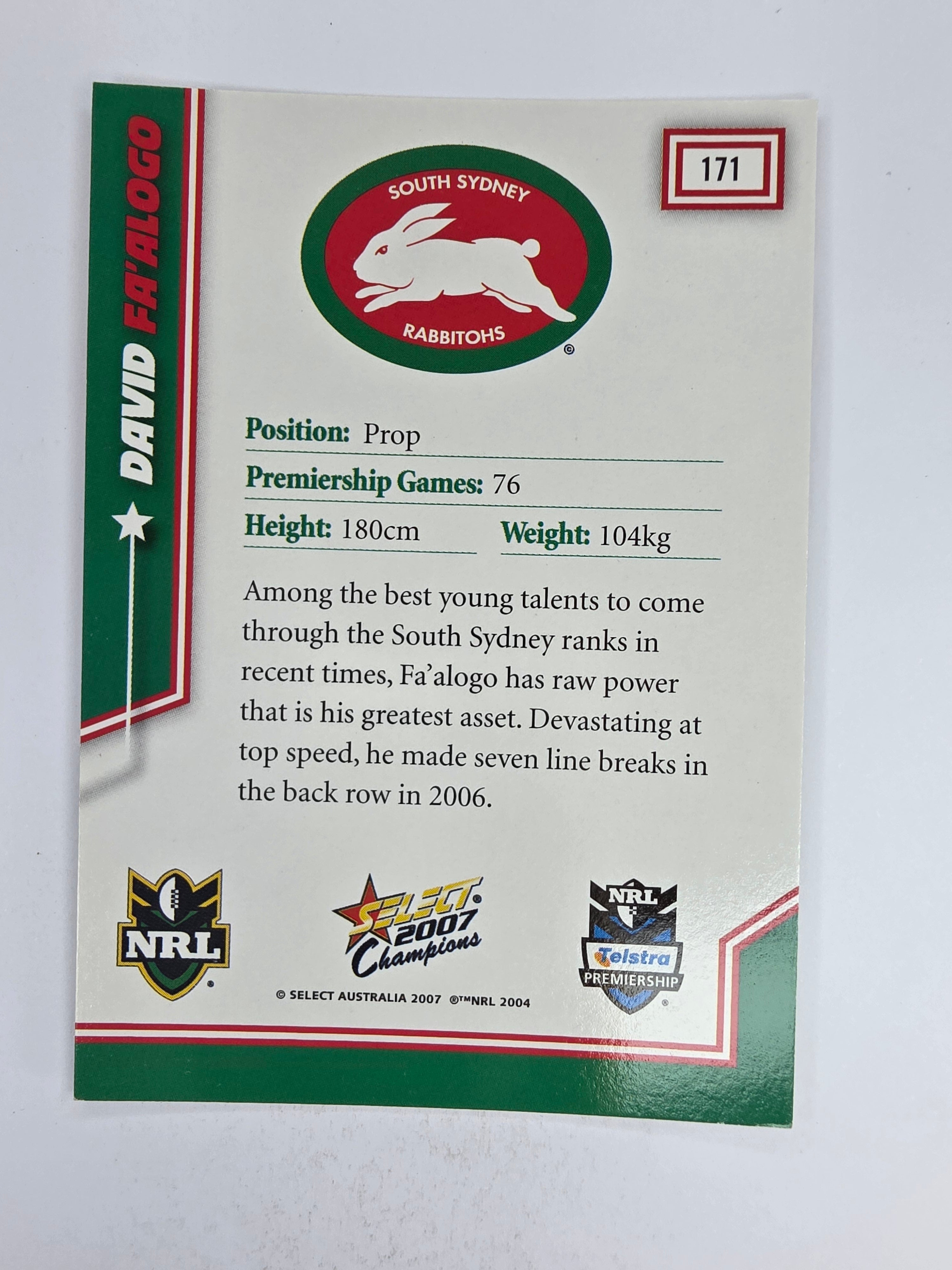 NRL 2007 Champions Base Card #171 David Fa’alogo South Sydney Rabbitohs