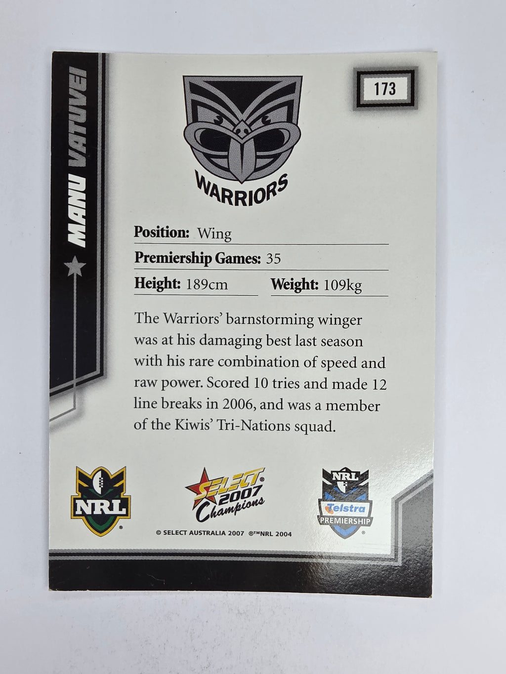 NRL 2007 Champions Base Card #173 Manu Vatuvei New Zealand Warriors