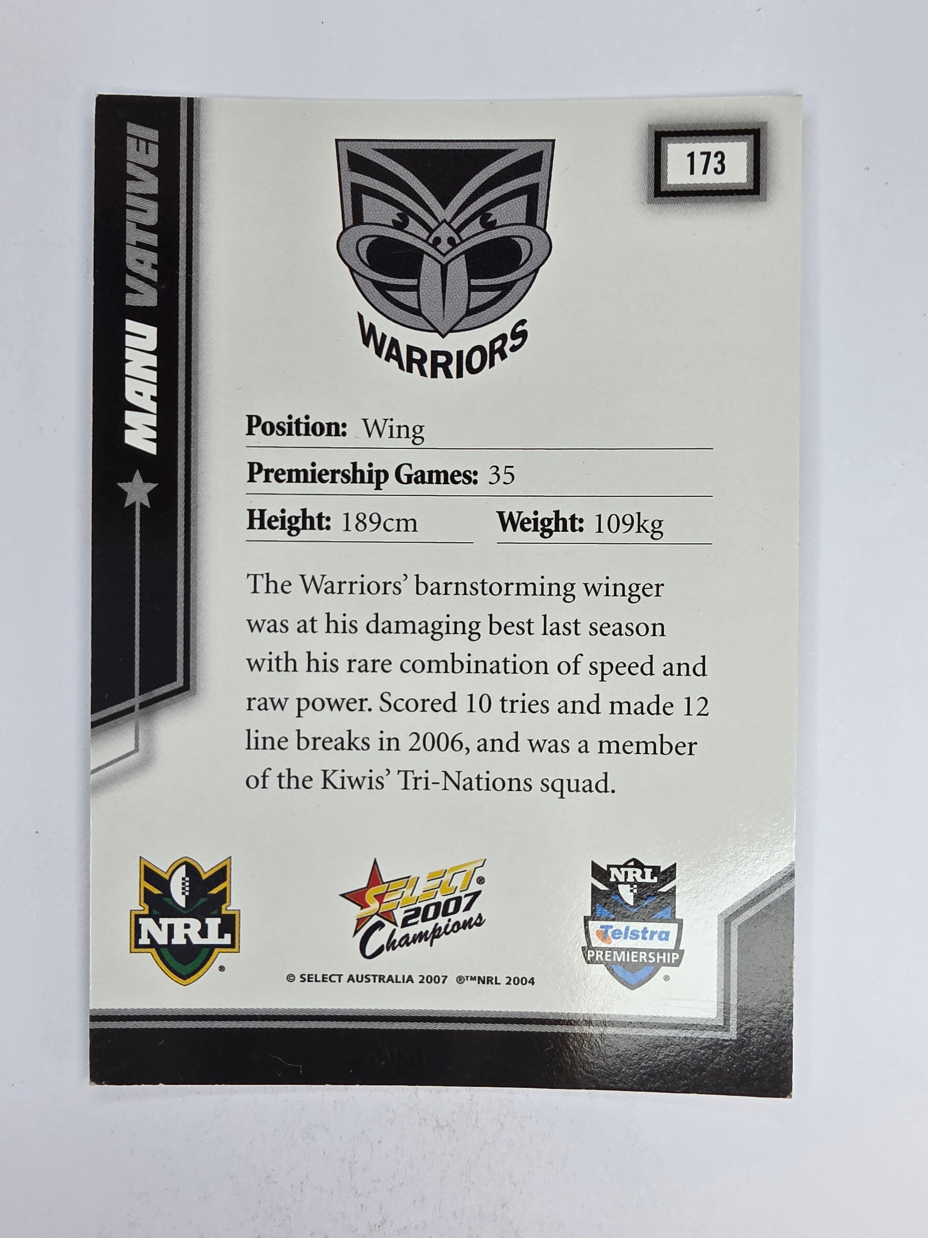 NRL 2007 Champions Base Card #173 Manu Vatuvei New Zealand Warriors
