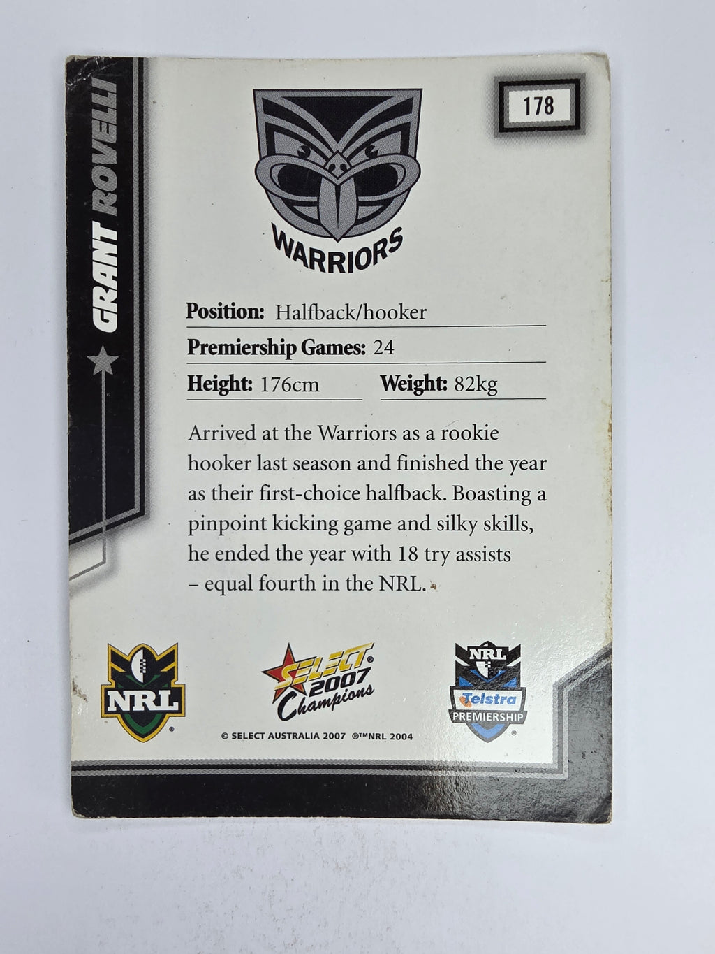 NRL 2007 Champions Base Card #178 Grant Rovelli New Zealand Warriors