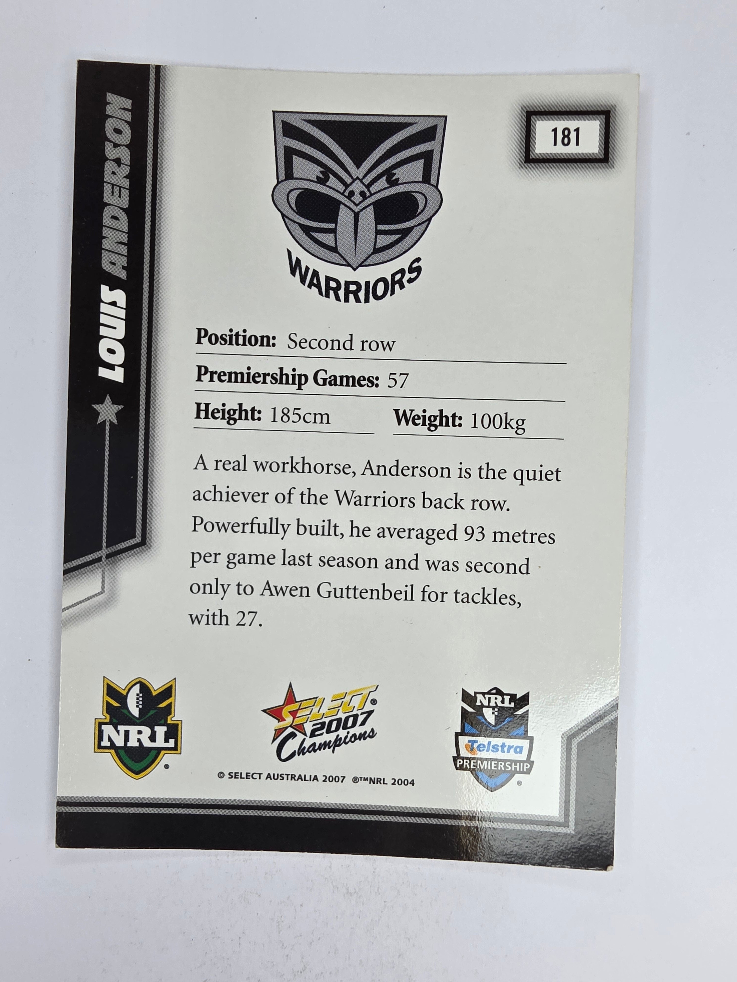 NRL 2007 Champions Base Card #181 Louis Anderson New Zealand Warriors